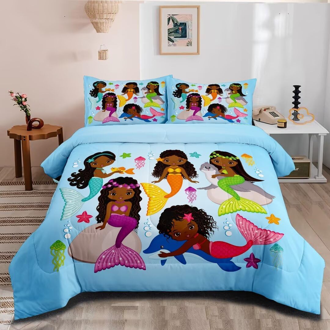 Mermaid Full Bedding Set for Girls - Ultra Soft Breathable Comforter & Bedspread - Black Mermaid Themed Decor - Perfect for Kids' Bedrooms, Sleepovers & Fantasy Themed Rooms