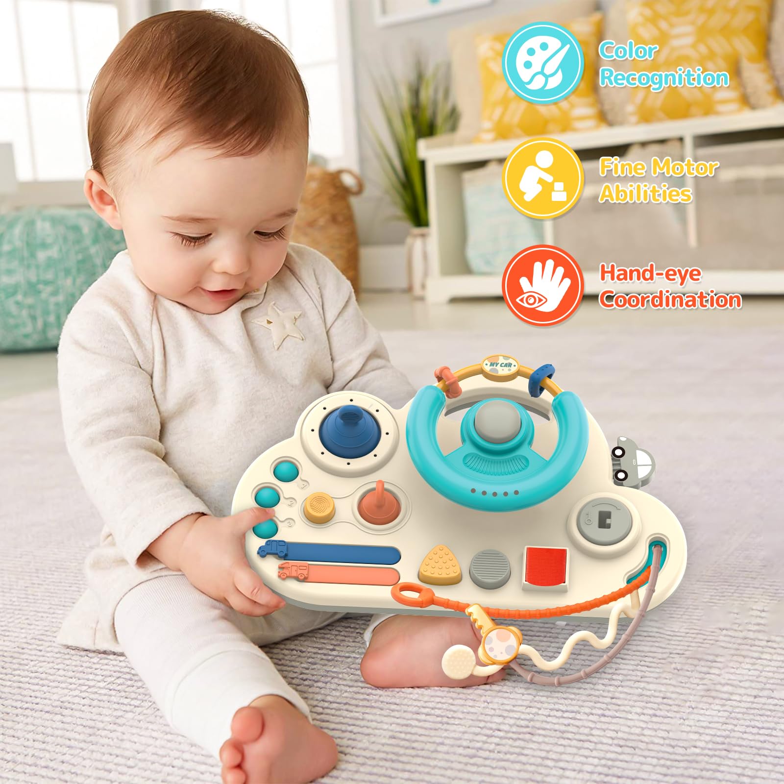 Montessori Busy Board Toy for Toddlers 1-3 Years Old - 4-Strap Steering Wheel Travel & Car Seat Activity Toy - Sensory Educational Learning Game - Best Gift for 18 Month+ Kids (Blue) - Perfect for Road Trips, Airplane Travel & Quiet Playtime