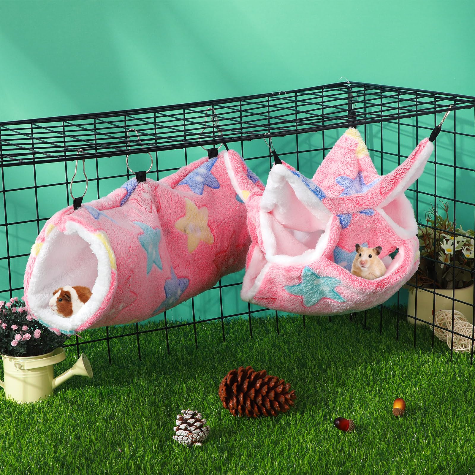 Sweetude 6-Piece Rat Hammocks Set - Ferret Hanging Tunnel & Sugar Glider Toy - Small Animal Hideout Bed for Cage - Guinea Pig & Hamster Accessories (Dreamy) - Perfect for Small Pets' Playtime & Nap Time