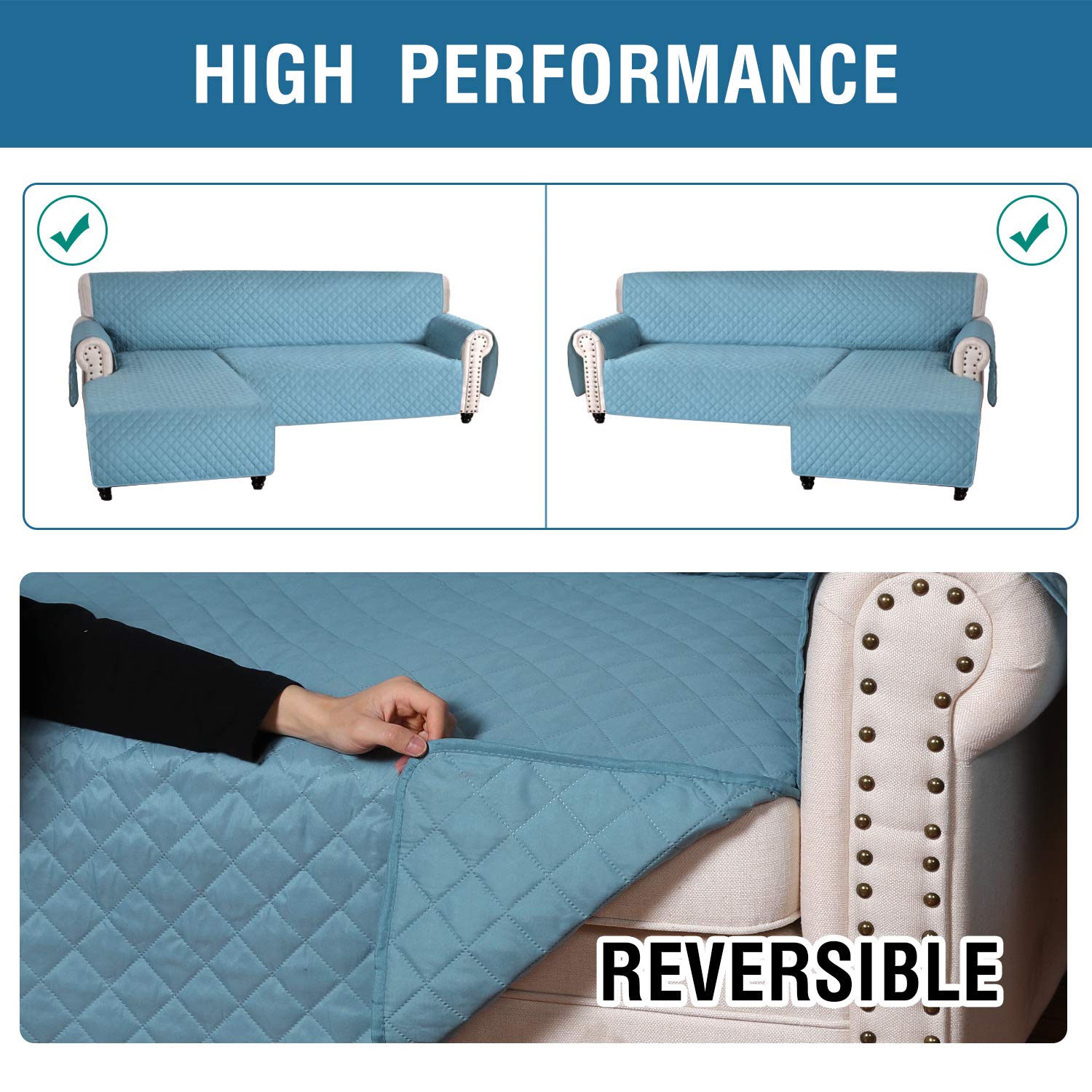 Waterproof Reversible L-Shaped Sofa Slipcover - Double-Sided Sectional Couch Cover with Chaise Lounge Protector for Pets & Kids (Blue, Large) | Perfect for Living Room, Family Room & Pet-Friendly Homes