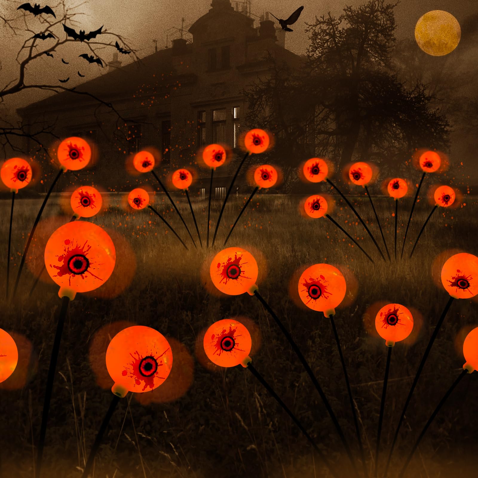 2 Pack 12 LED Scary Bleeding Eyeball Solar Lights - Waterproof Halloween Outdoor Decorations for Patio, Yard, Garden, Lawn & Party | Swaying Firefly Effect | Perfect for Spooky Halloween Night Decor