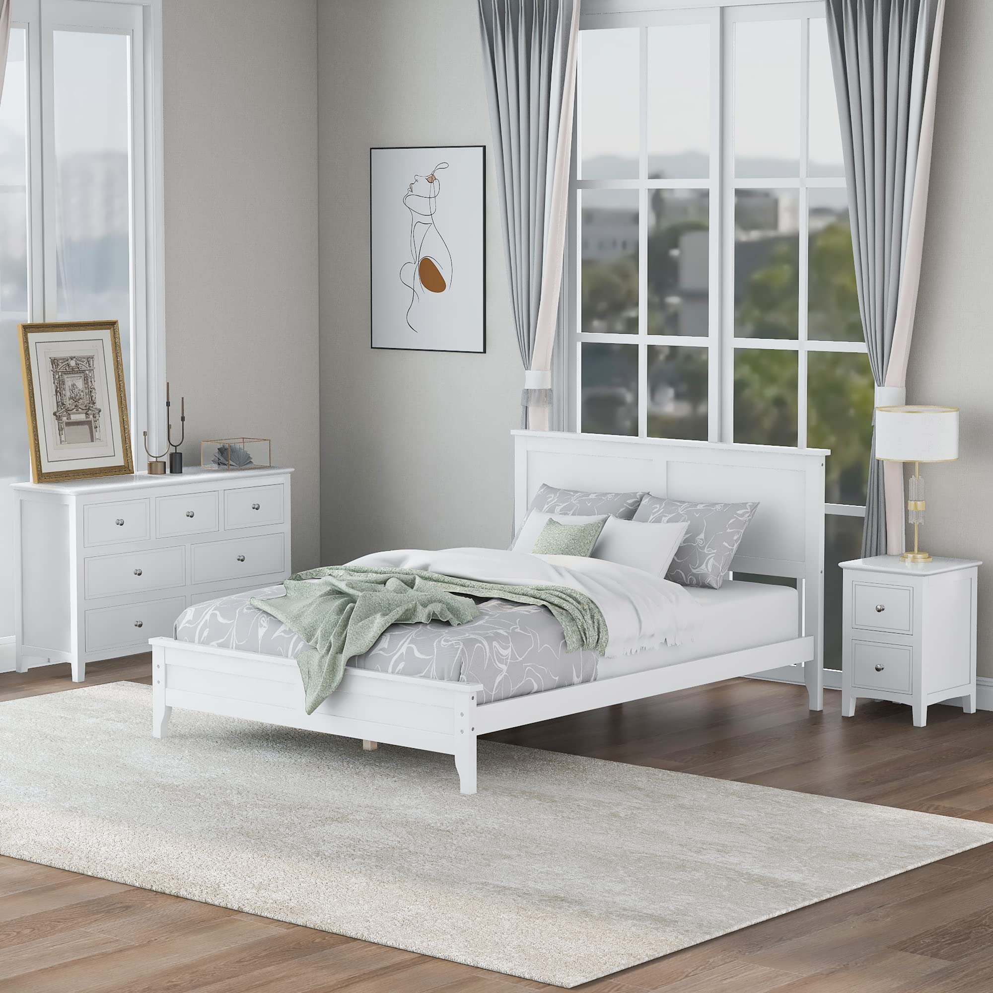 SOFTSEA White Full Size Bedroom Furniture Set - Queen Size Bed Frame, Nightstand & Dresser - Modern Bedroom Decor for Home & Apartment | Perfect for Master Bedrooms, Guest Rooms & Small Spaces