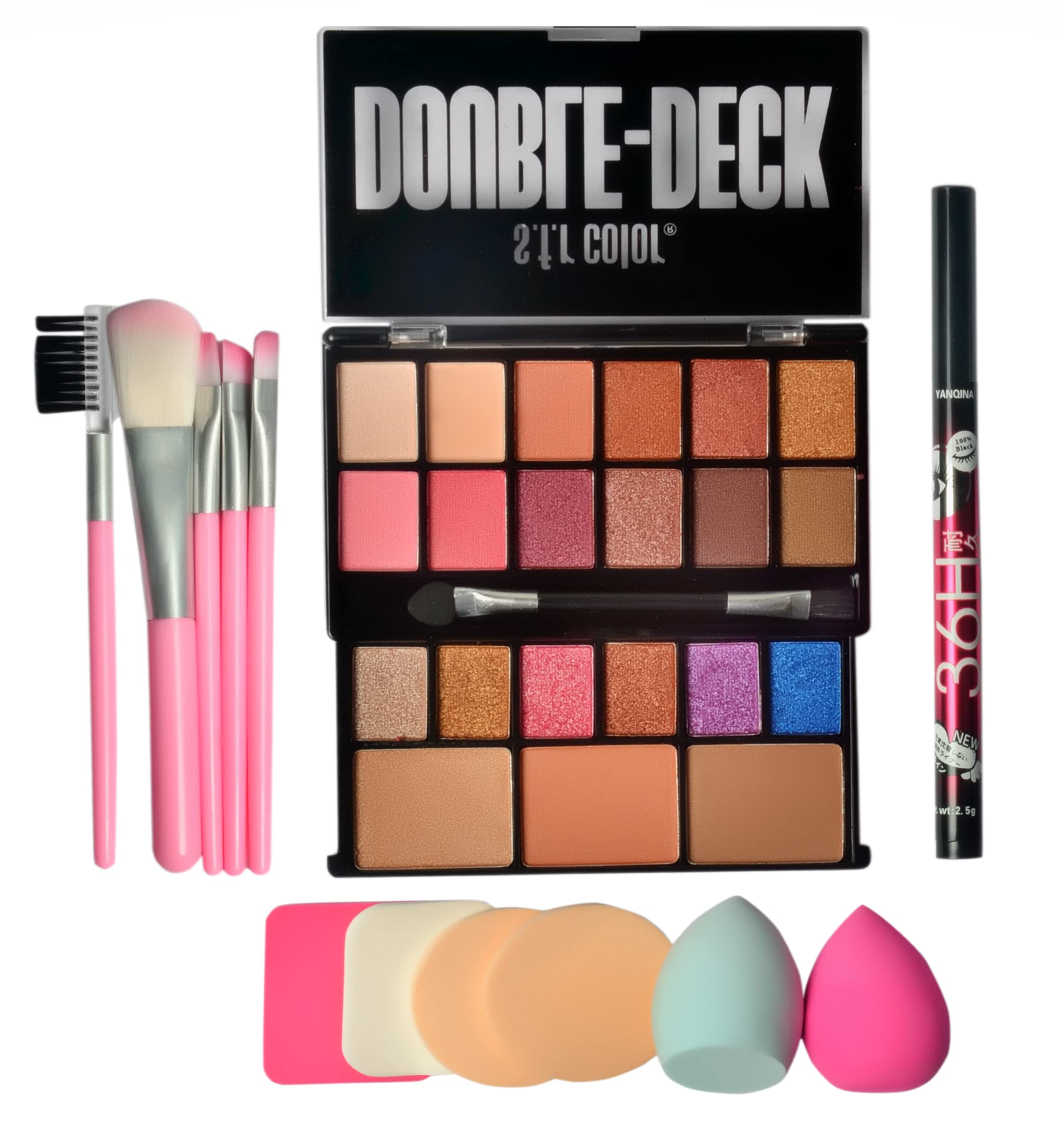 Professional Makeup Kit for Women - 5 Makeup Brushes, 6 Blending Sponges & Waterproof Black Eyeliner | Complete Cosmetic Set for Everyday Makeup, Party & Special Occasions