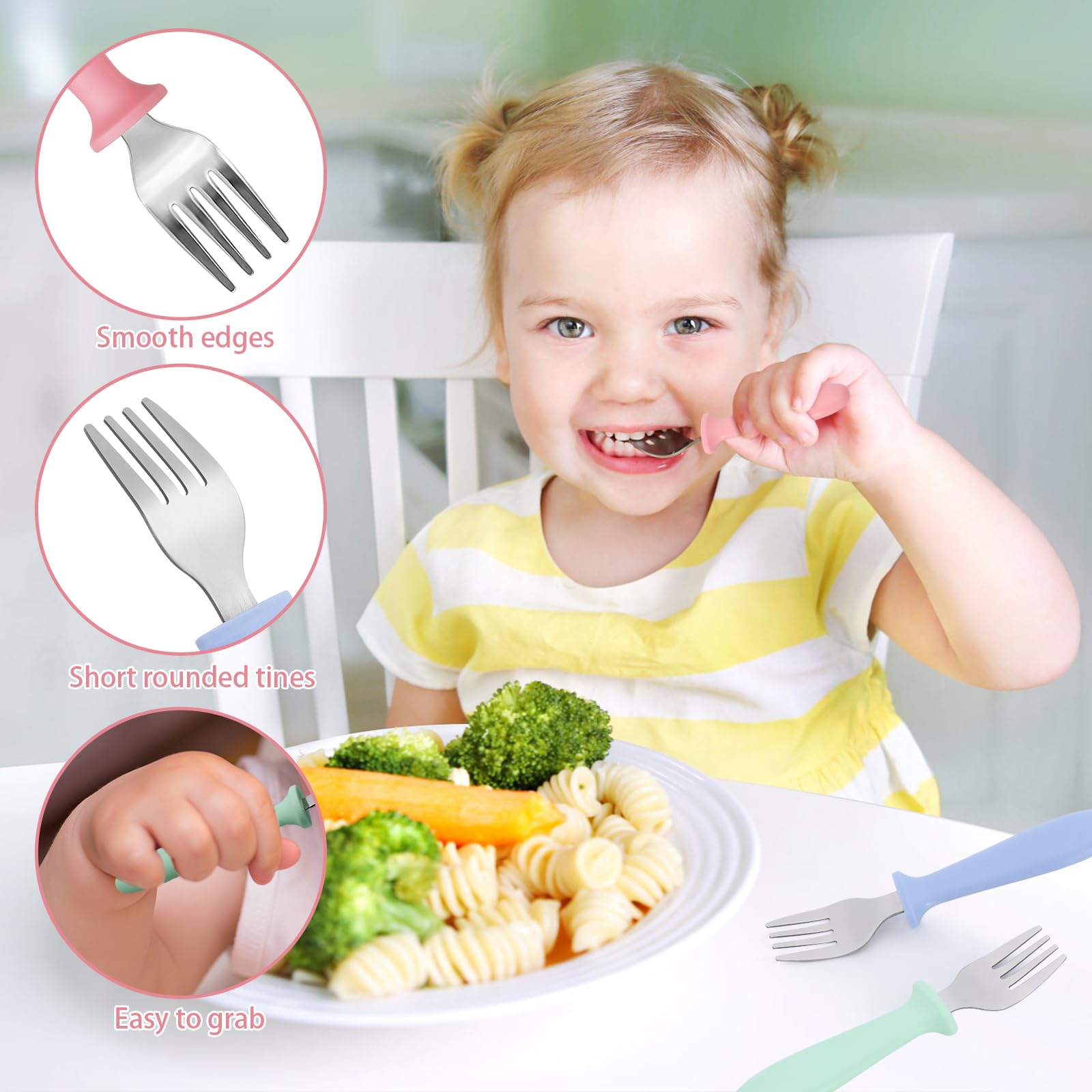 Pimoys 6-Piece Toddler Forks Set - Stainless Steel Baby Forks with Plastic Handle for Self Feeding, Safe Kids Silverware Utensils | Dishwasher Safe | Perfect for Home, Daycare & Travel Meals