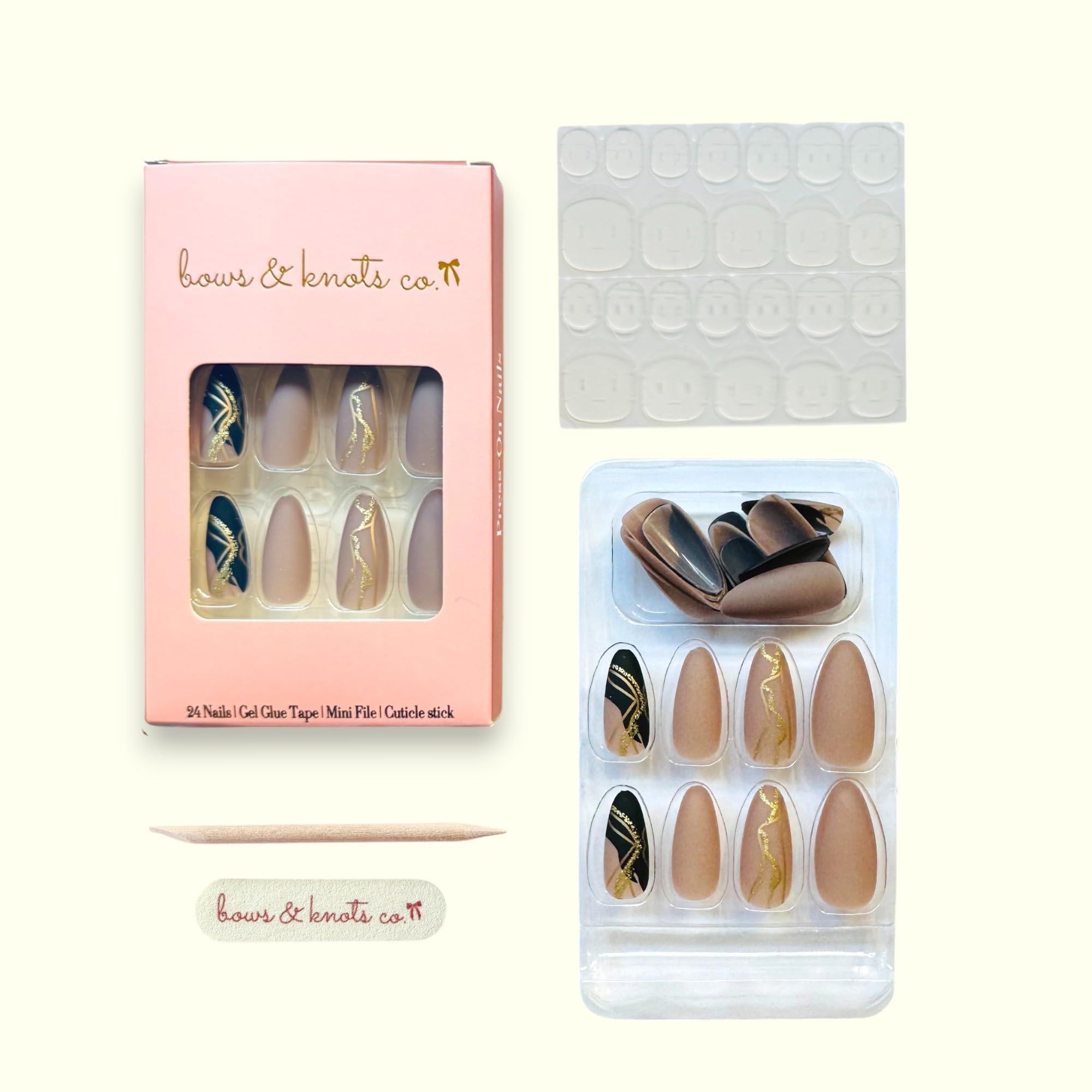 Bows And Knots Press On Nails Kit - 24 Fake Nails with Gel Glue, Nail Tape, Mini File & Manicure Stick in Beige Noir | Perfect for Parties, Weddings & Special Occasions