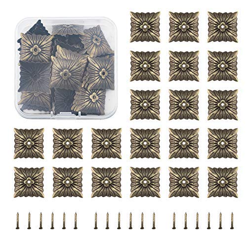 100Pcs Antique Bronze Metal Square Flower-Shaped Upholstery Nails - Decorative Furniture Tacks for Sofa, Wood, Cork Board - Includes Storage Box & Screws - Perfect for DIY Home Decor, Vintage Furniture Restoration, and Craft Projects