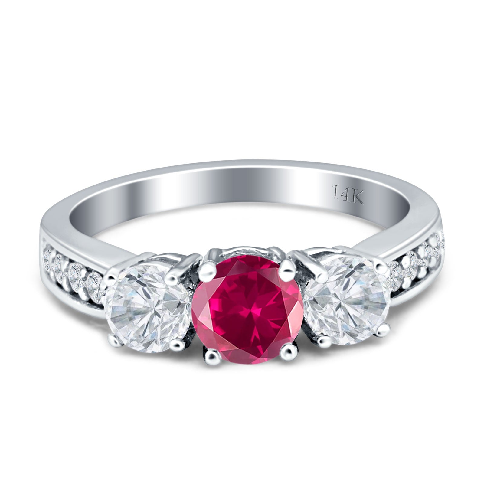 14K Yellow Gold Three Stone Round Ruby CZ Ring for Women - Elegant Cubic Zirconia Engagement & Anniversary Jewelry Gift for Her - Perfect for Valentine's Day, Wedding, or Special Occasions