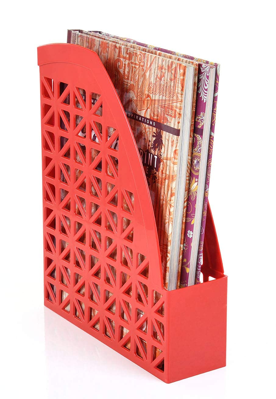 Mintra Office Plastic Desk Organizer Set of 2 - Magazine File Holder for Documents, Papers, and Folders - Red - Perfect for Home Office, School, and Workspace Organization