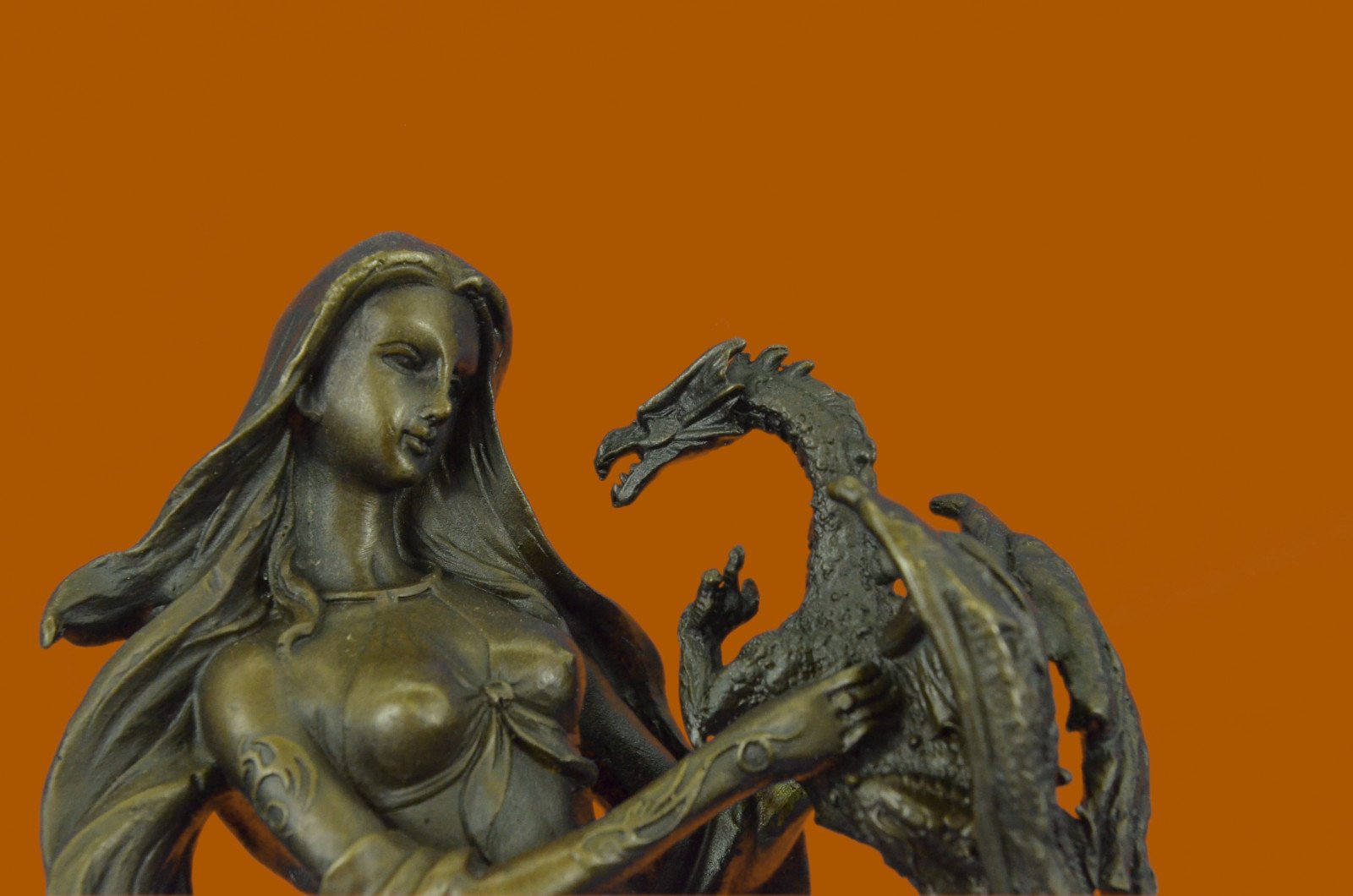 Bronze Nude Sculpture - Fantasy Warrior Woman with Dragon Statue - Handcrafted Art Figure for Home Decor, Office Display & Gift Giving