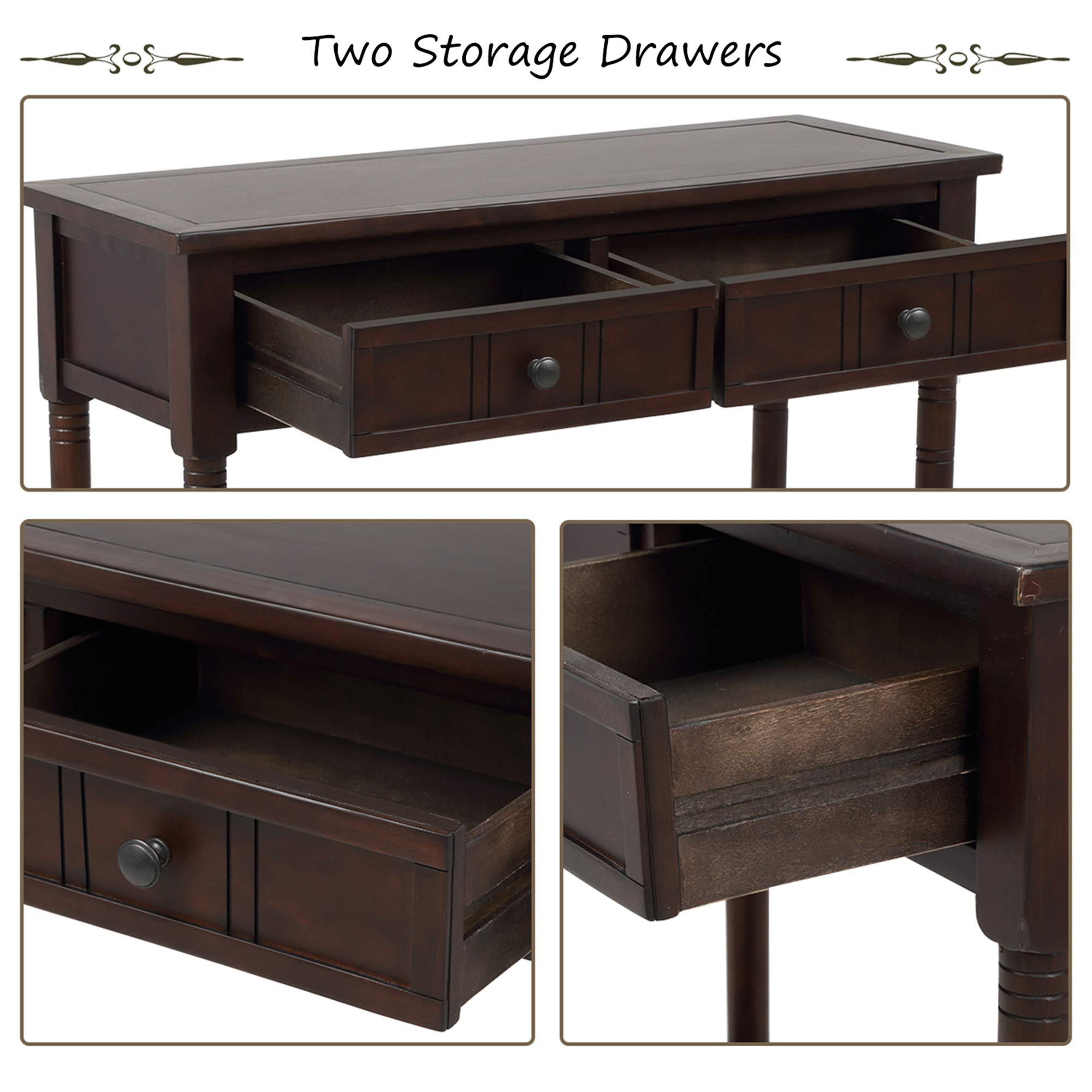 P PURLOVE Wooden Sofa Table with 2 Drawers - Entryway Console Table with Storage for Living Room, Hallway & Entry - Espresso Finish for Home Decor & Organization