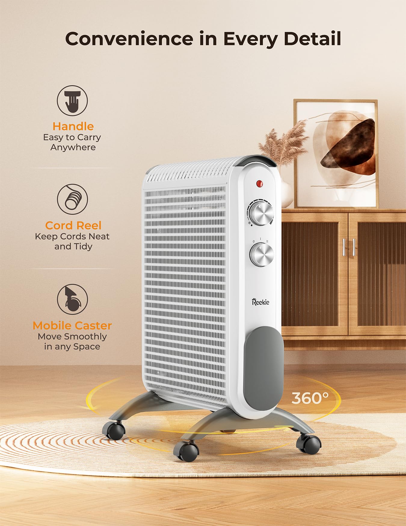Reekie 1500W Electric Space Heater for Large Rooms - Fast Heating Mica Panel Heater with Thermostat, Quiet & Safe Indoor Heater for Bedroom, Office, Garage - Portable Convection Heater (White) - Perfect for Winter Warmth & Energy Efficient Home Heating