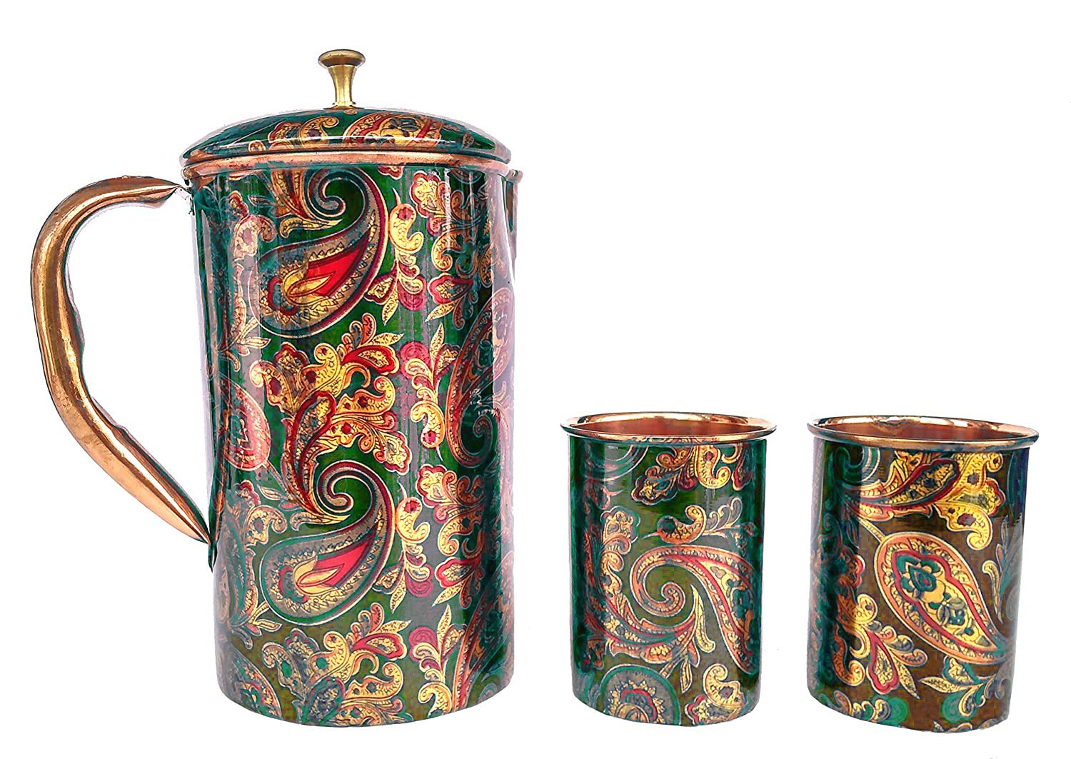 Handmade Screen Printed Pitcher and 2 Tumbler Set - Traditional Indian Jug and Glass Serving Set (1 Pitcher + 2 Glasses) - Perfect for Chai, Lemonade, and Summer Beverages