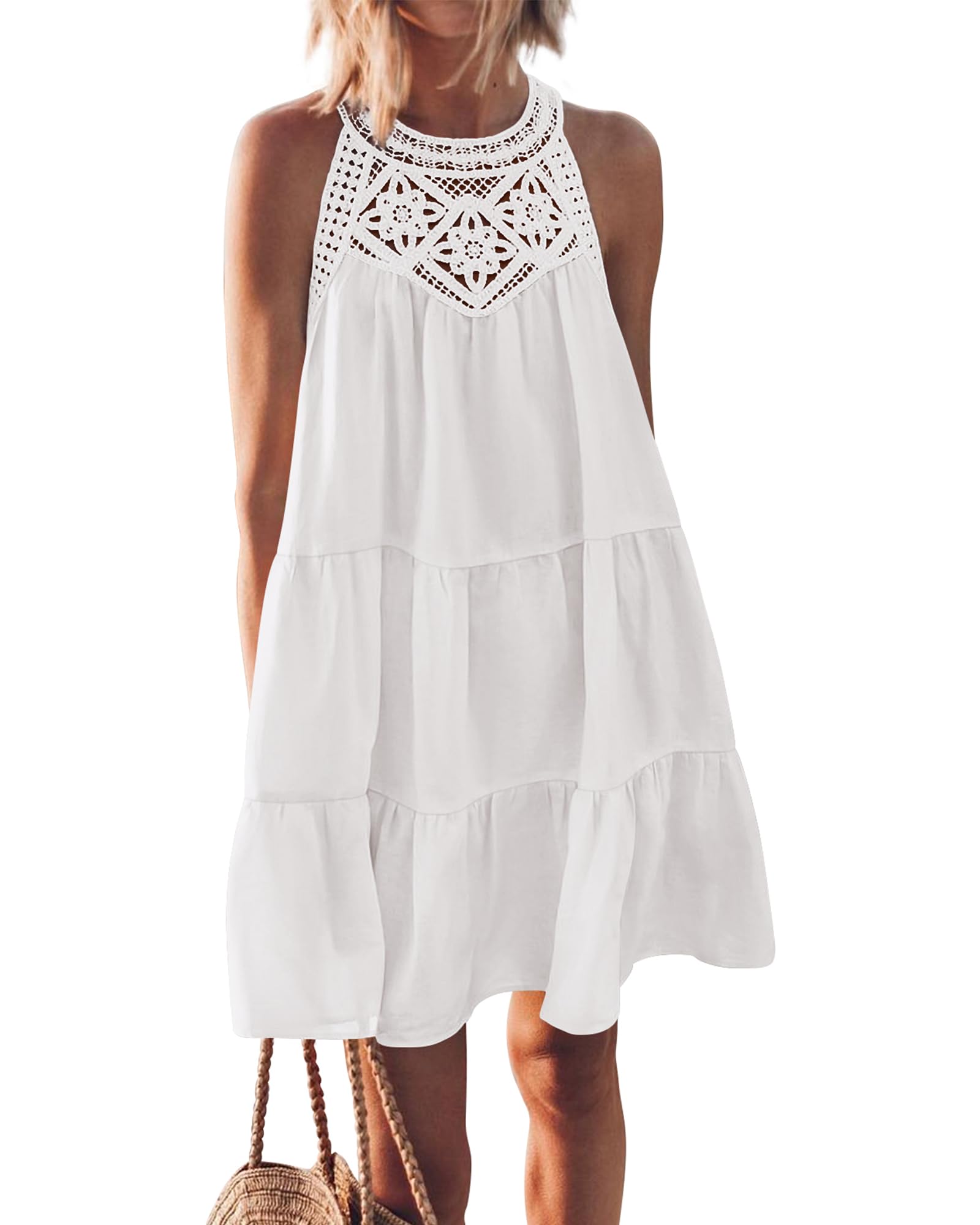 BTFBM Women's Summer Halter Dress - Casual Sleeveless A-Line Tiered Mini Sundress for Beach, Vacation & Spring 2025 | Perfect for Pool Parties, Tropical Getaways and Summer Outings