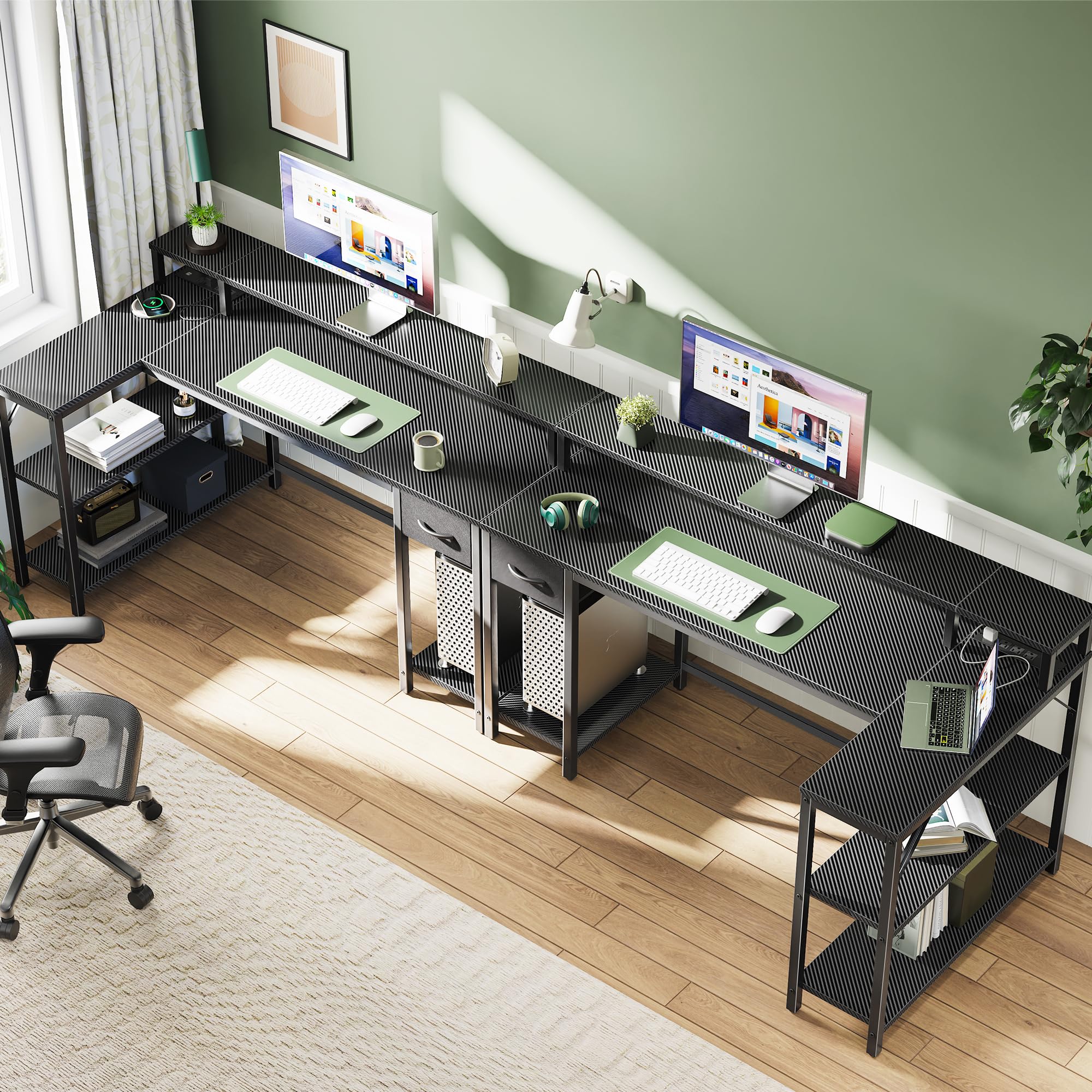 SUPERJARE 53 inch Reversible L-Shaped Desk with LED Lights & Power Outlets - Home Office Computer Desk with Shelves, Monitor Stand & Drawer - Gaming Desk for Small Spaces - Carbon Fiber Black Corner Workstation for PC Setup & Remote Work