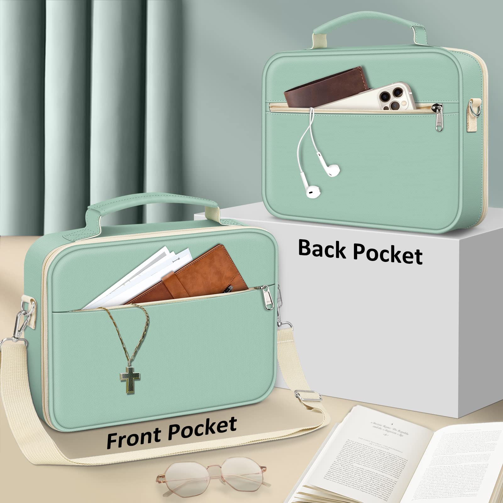 FINPAC Large Bible Cover with Shoulder Strap - Protective Book Case for Church & Travel, Light Green