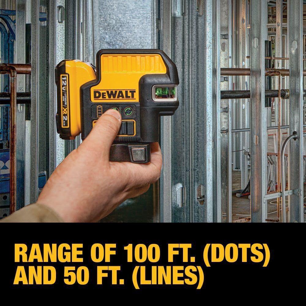 DEWALT DW0822LG 12V MAX Green Cross Line Laser Level with 2 Spot - Self-Leveling for Construction, Carpentry, and DIY Projects