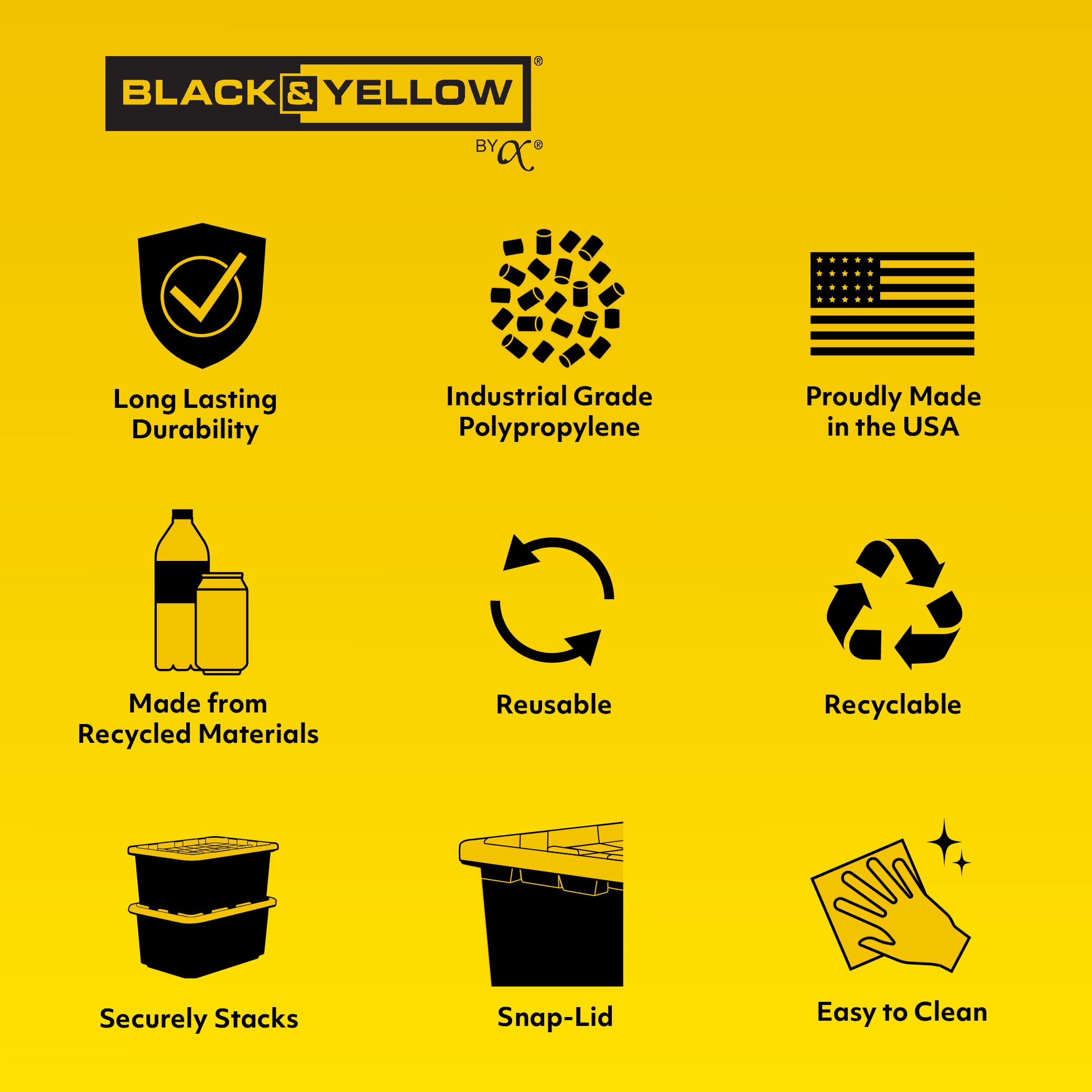 CX BLACK & YELLOW® 12-Gallon Heavy Duty Storage Bins with Snap-Tight Lids (6 Pack) - Weatherproof Stackable Organizing Containers for Garage, Basement & Office - 12.51