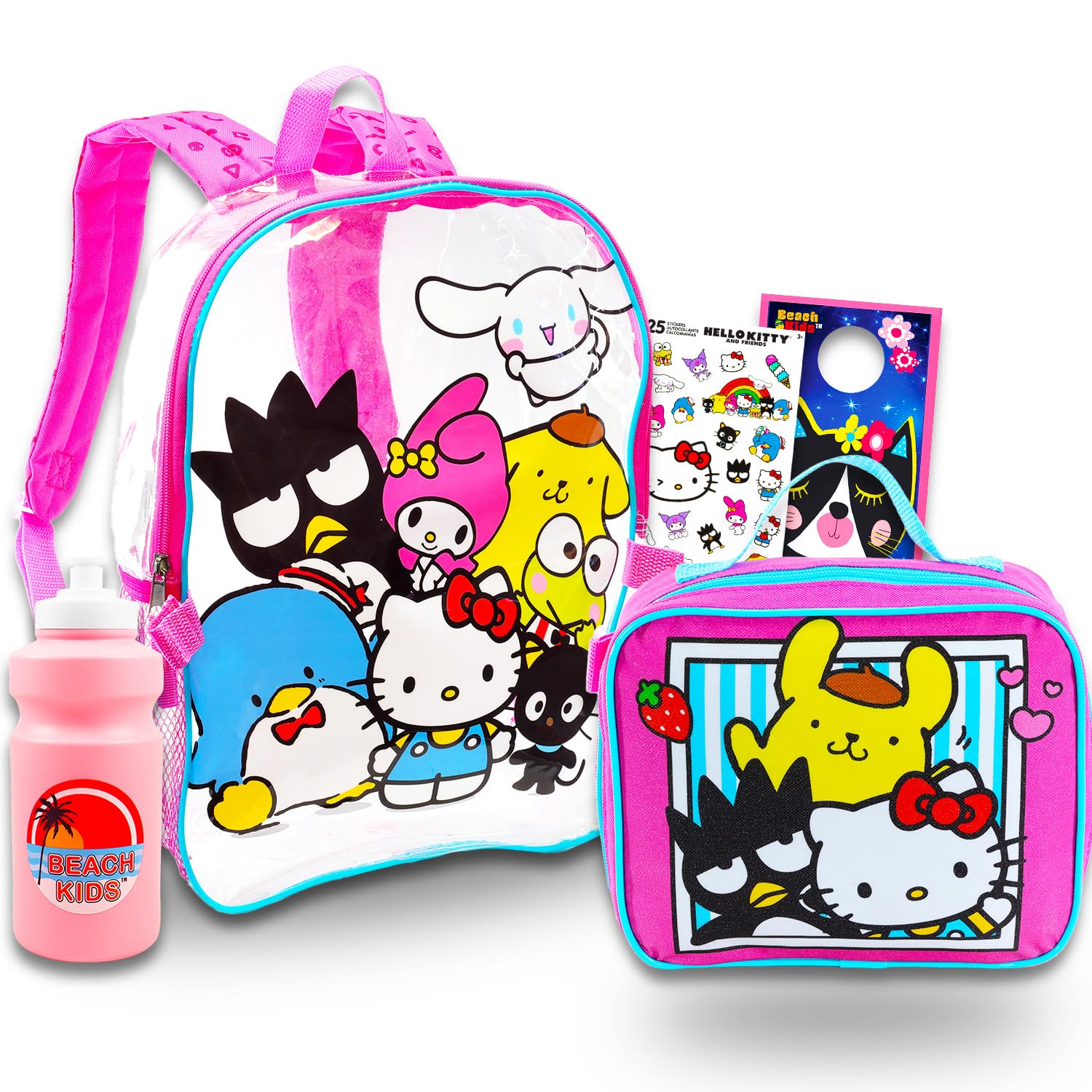 **Hello Kitty Clear Backpack for School Girls - Cute Transparent Backpack Set with Lunch Box, Water Bottle & Stickers | Perfect for School, Travel & Anime Fans**