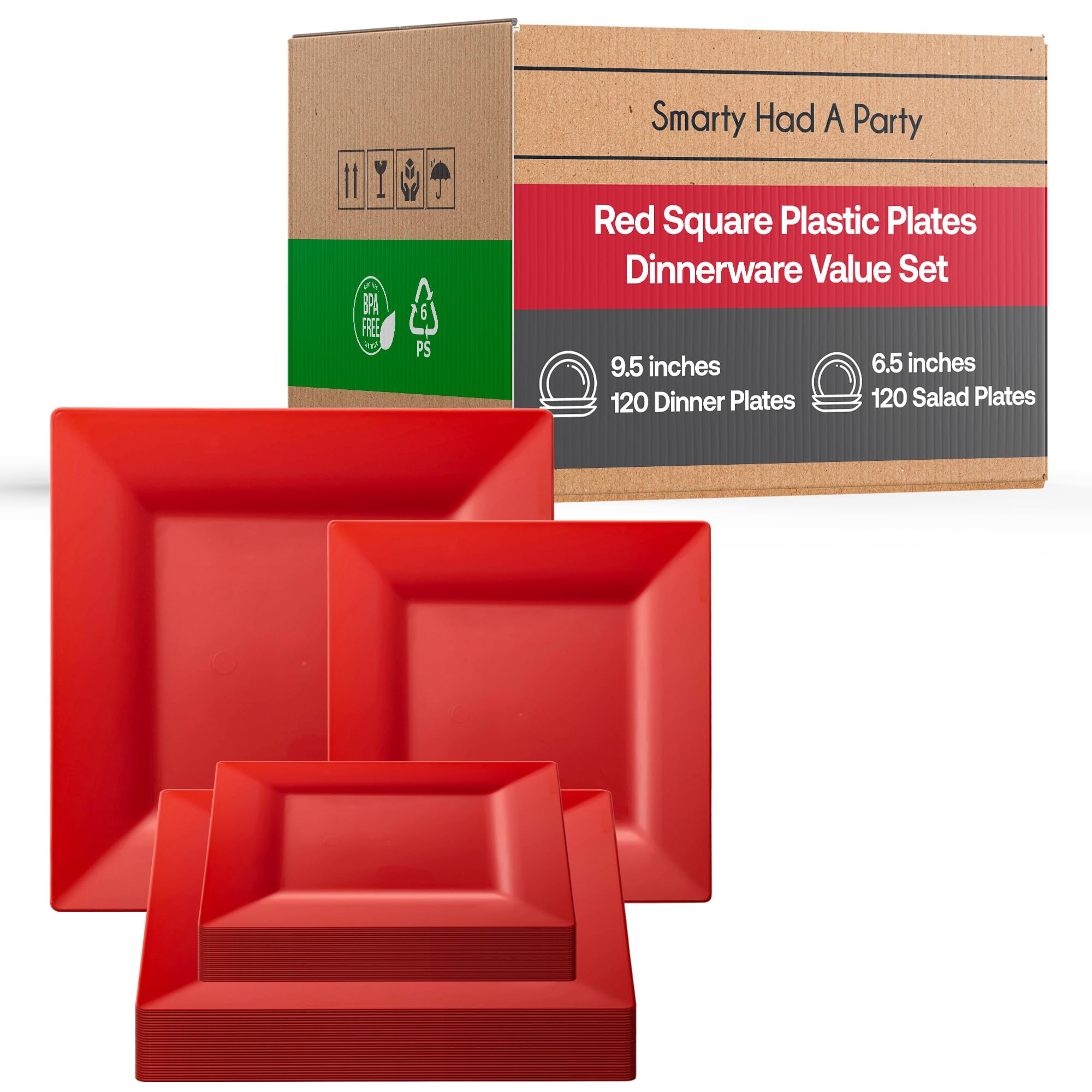 Smarty Had A Party 120-Piece Elegant Disposable Plastic Dinnerware Set - Heavy Duty Red Plastic Plates, Cups & Utensils for Weddings, Parties & Events | Durable & Stylish Tableware Solution