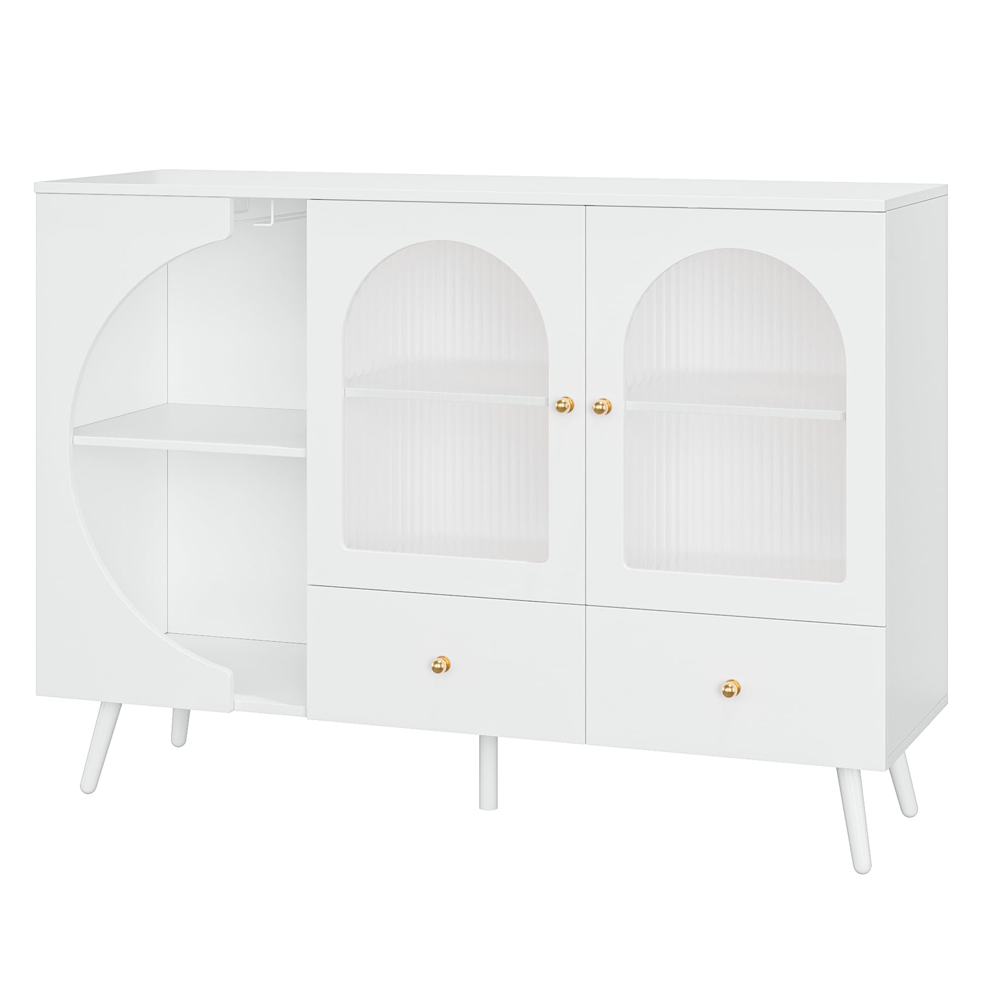 Modern White Coffee Bar Cabinet with 2 Drawers & Fluted Glass Door - Buffet Sideboard for Wine Storage, Perfect for Kitchen, Dining Room & Living Room - Stylish Home Bar Furniture for Entertaining Guests