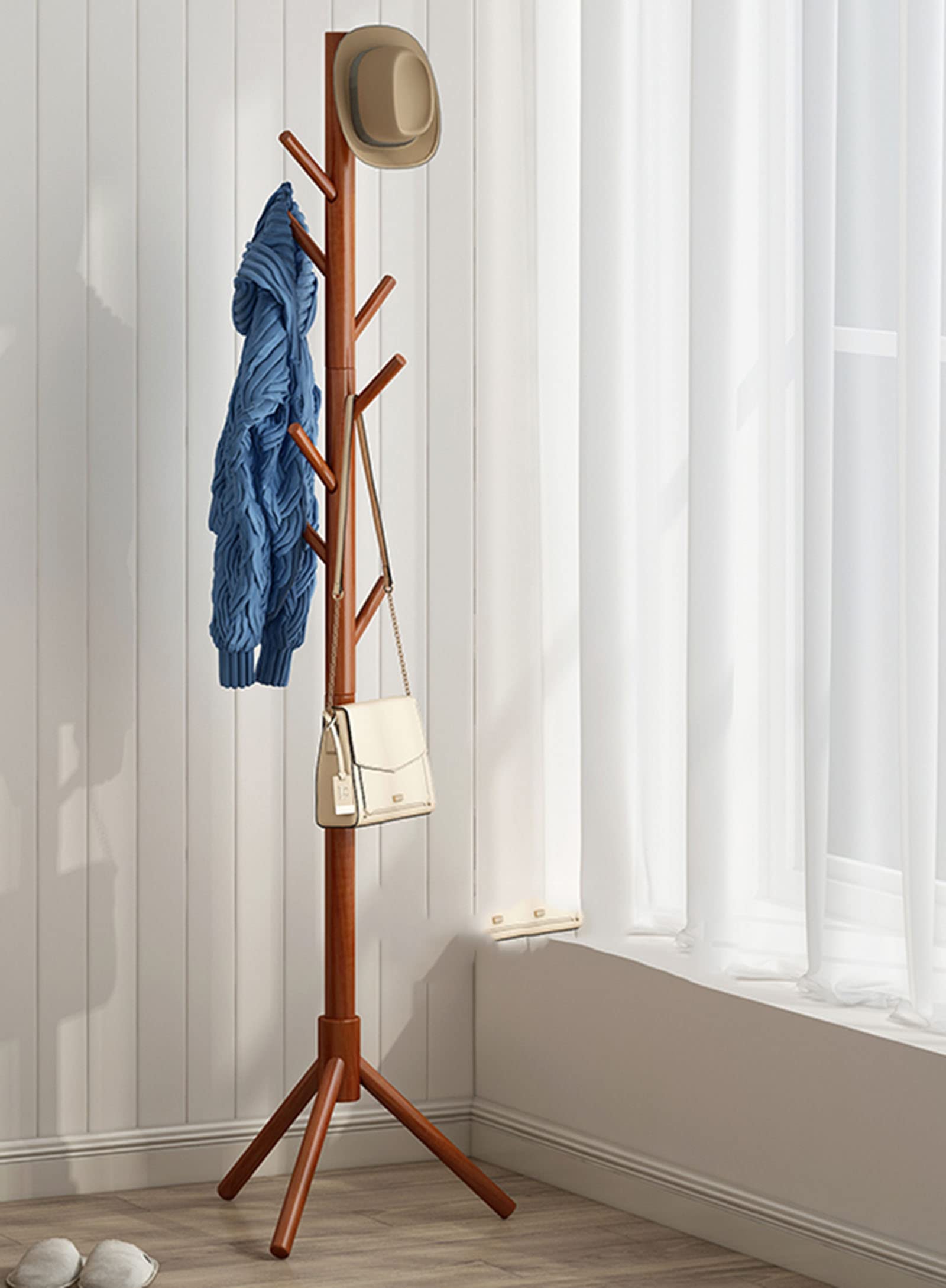 BHBXZZDB 7-Hook Wooden Coat Rack - Free Standing Hall Tree Organizer for Coats, Hats, Bags & Purses - Durable Rubberwood Entryway & Hallway Storage Solution - Perfect for Home, Office or Mudroom Organization