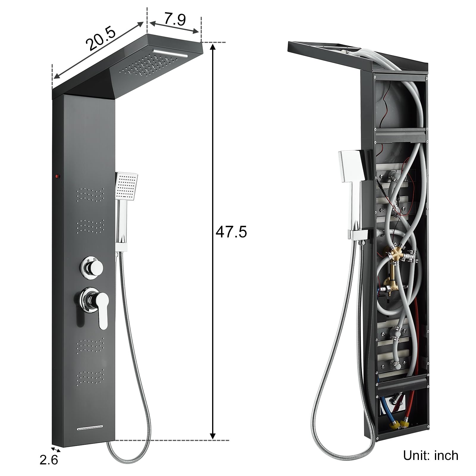 Premium Black Stainless Steel 5-in-1 LED Shower Panel Tower System with Rainfall Shower Head, Waterfall Spray, Body Jets & Handheld Shower - Luxury Bathroom Upgrade for Spa-Like Experience at Home