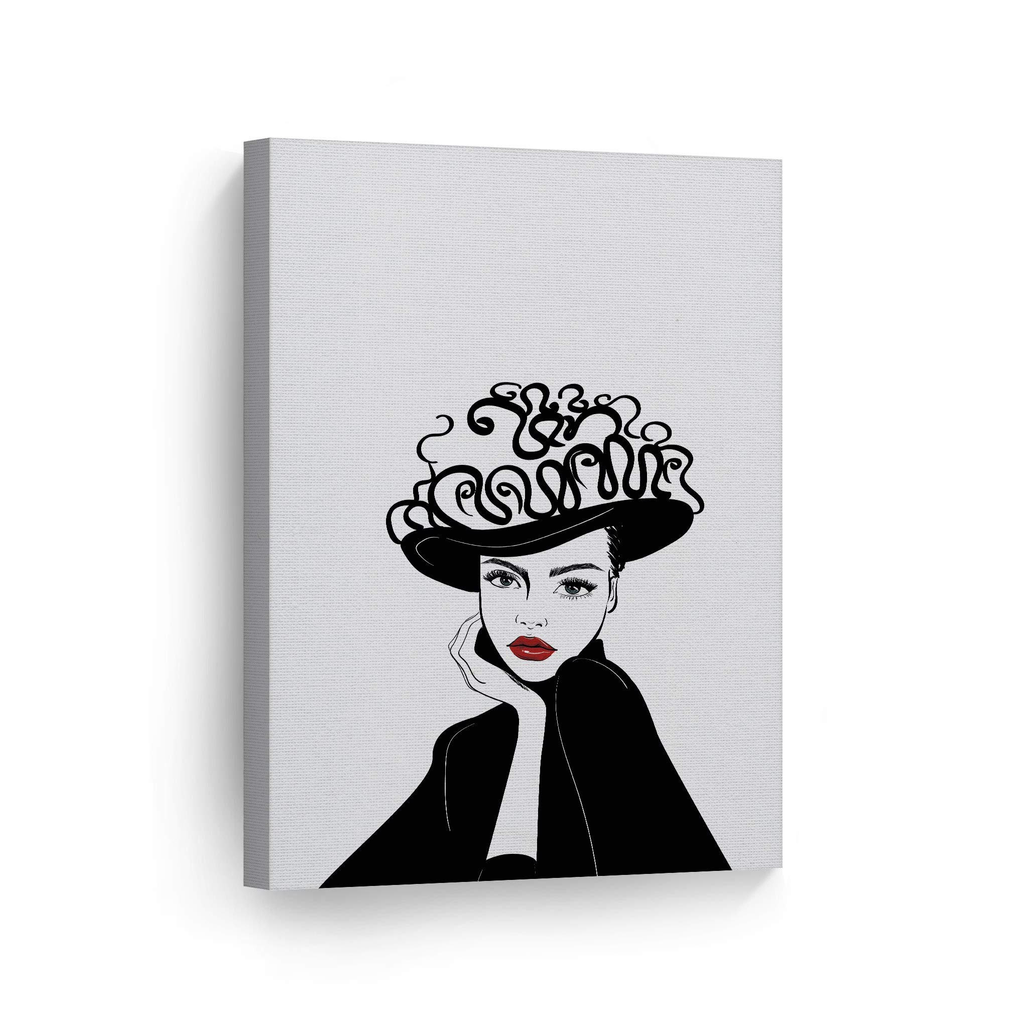 Modern Woman with Black Hat & Red Lips Glam Fashion Canvas Print - Wall Art for Office, Bathroom, Teen Girls Room, Women's Dorm, Bedroom & Living Room Decor - Ready to Hang 40x30 Inches - Perfect for Home & Office Aesthetic Enhancement
