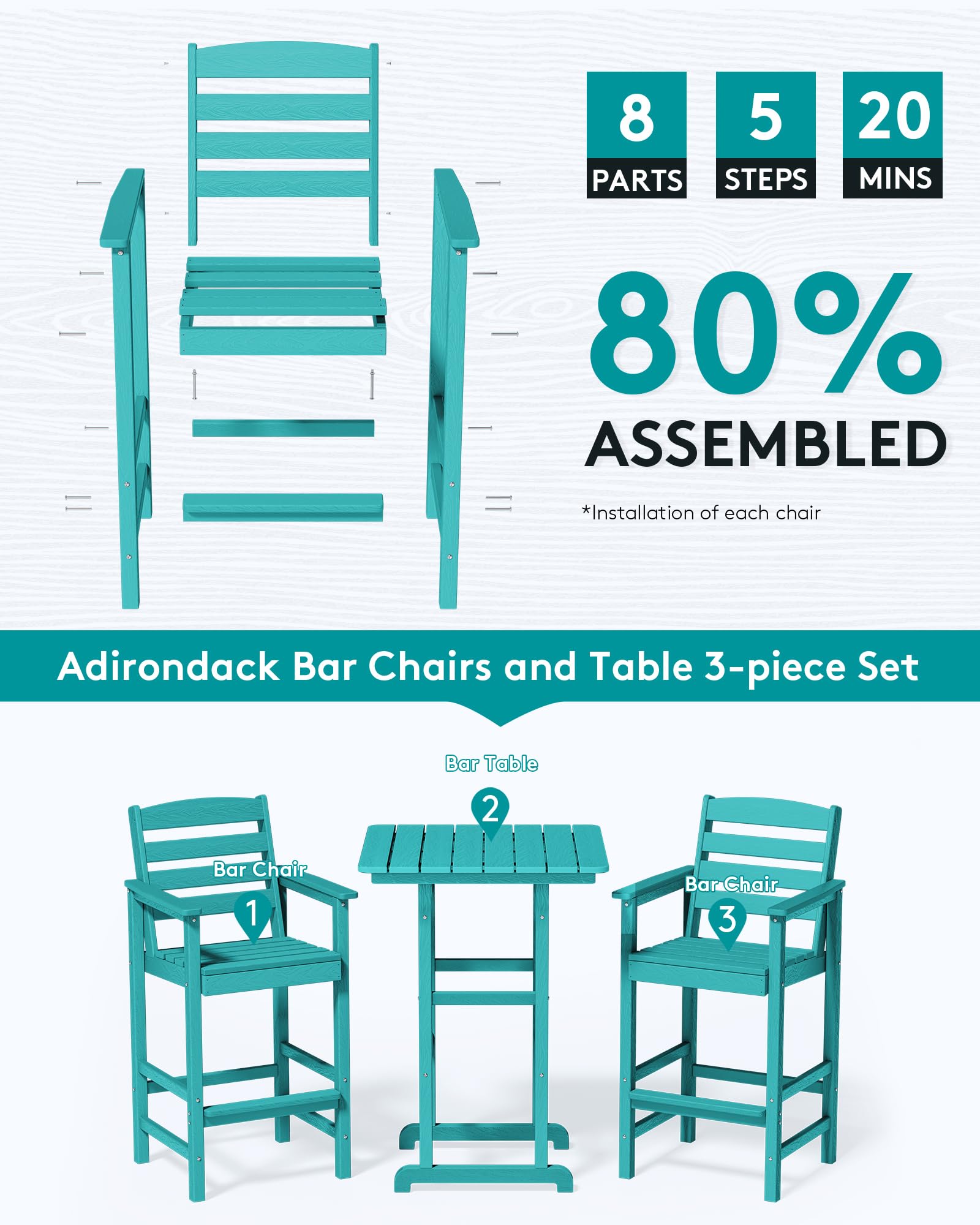 SERWALL 3-Piece Balcony Adirondack Chair and Table Set - 2 Bar Height Chairs & Bar Table, Outdoor Bistro Stools for Poolside, Backyard, Patio, Garden - Durable Weather-Resistant Furniture for Relaxing & Entertaining