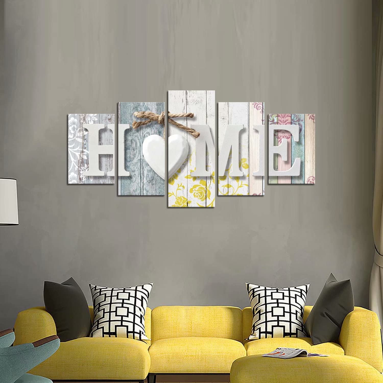 Abstract Love Wall Art Canvas Painting - Yellow & White 5 Panels for Living Room Decor | Rustic Home Artwork with Flowers | 80