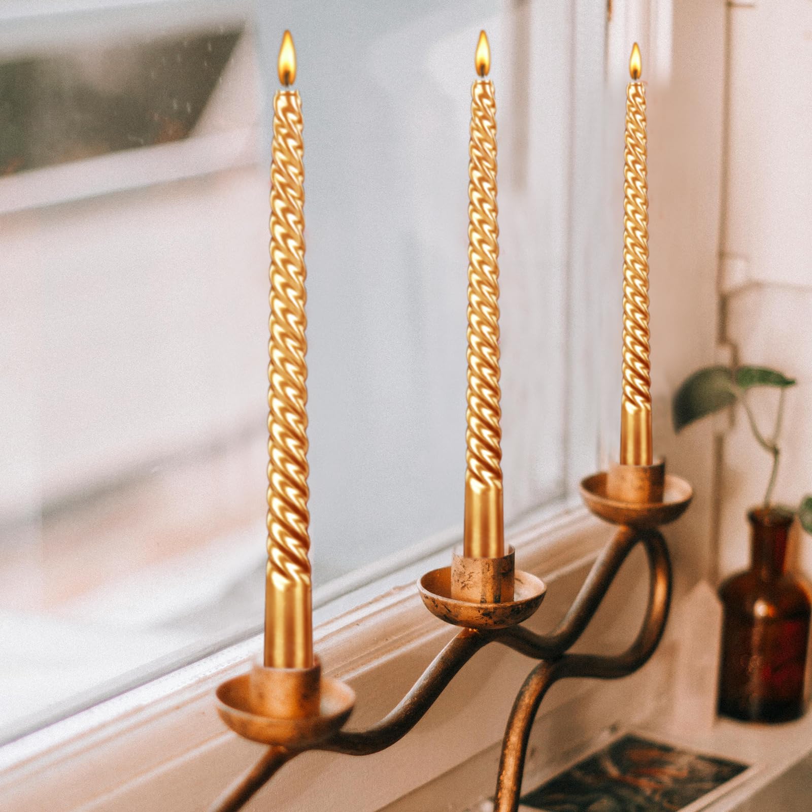 10 Inch Tall Spiral Taper Candles - Set of 12 Long-Lasting (8 Hours) Unscented, Smokeless Tapered Candles - 25cm Golden Candlesticks for Elegant Home Dinners, Romantic Weddings, Halloween Decor & Special Occasions