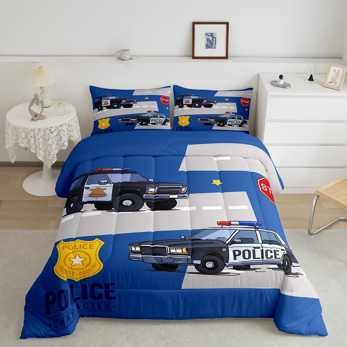 Erosebridal Police Car Comforter Set for Kids - Twin Size Cartoon Policeman Bedding with Badge Quilt & Pillowcase (Blue/Grey) | Perfect for Boys' Room Decor, Themed Sleepovers & Police Car Lovers