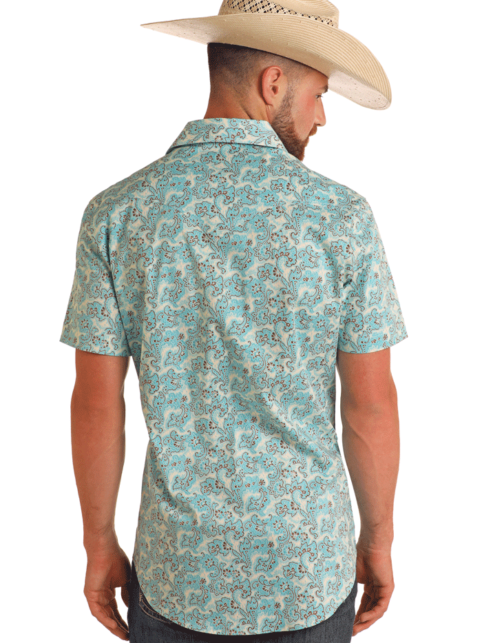 Rock & Roll Denim BMN3S05850 Men's Paisley Print Short Sleeve Snap Button Shirt in Bright Turquoise - Perfect for Casual Wear, Music Festivals & Summer Outfits