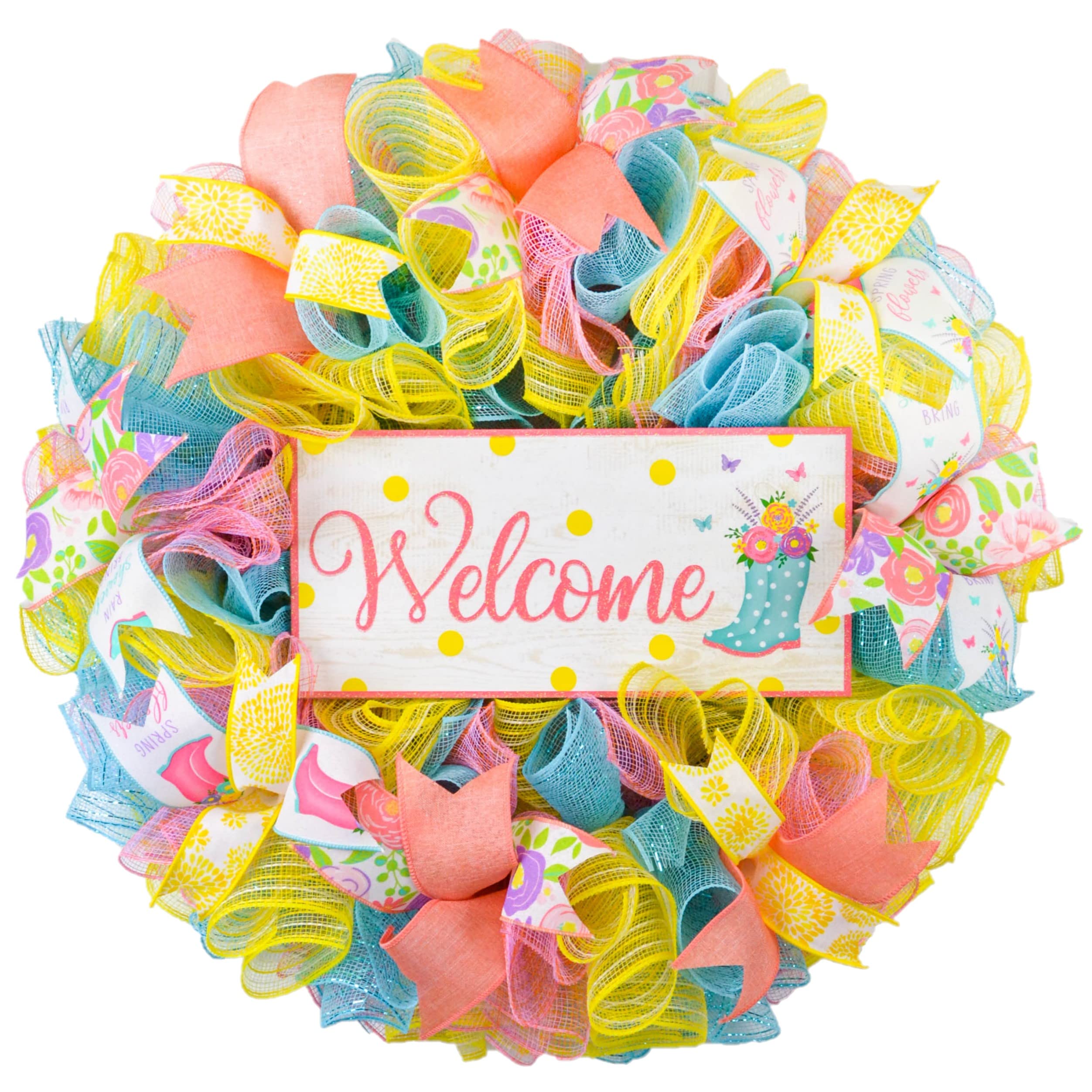 Welcome Rainboot Wreath - Spring Floral Door Decor in Turquoise, Yellow & Coral | Handmade Birthday Gift for Mom | Perfect for Front Door, Porch & Spring Home Decor