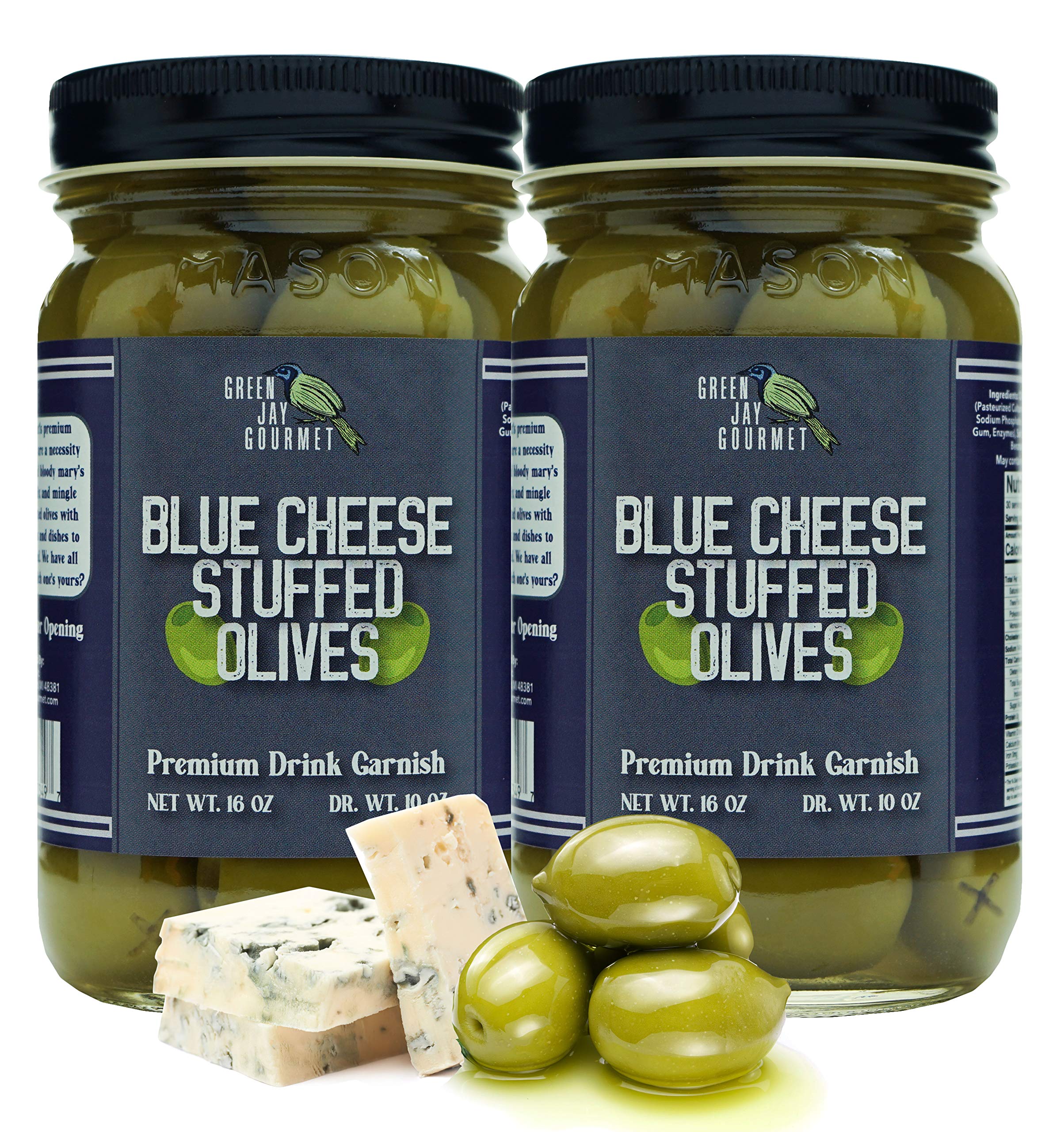 Premium Gourmet Blue Cheese Stuffed Green Olives – All Natural Large Stuffed Olives for Dirty Martinis, Cocktail Garnish & Cheese Boards – 2 x 16oz Jars – Perfect for Parties, Charcuterie & Upscale Entertaining