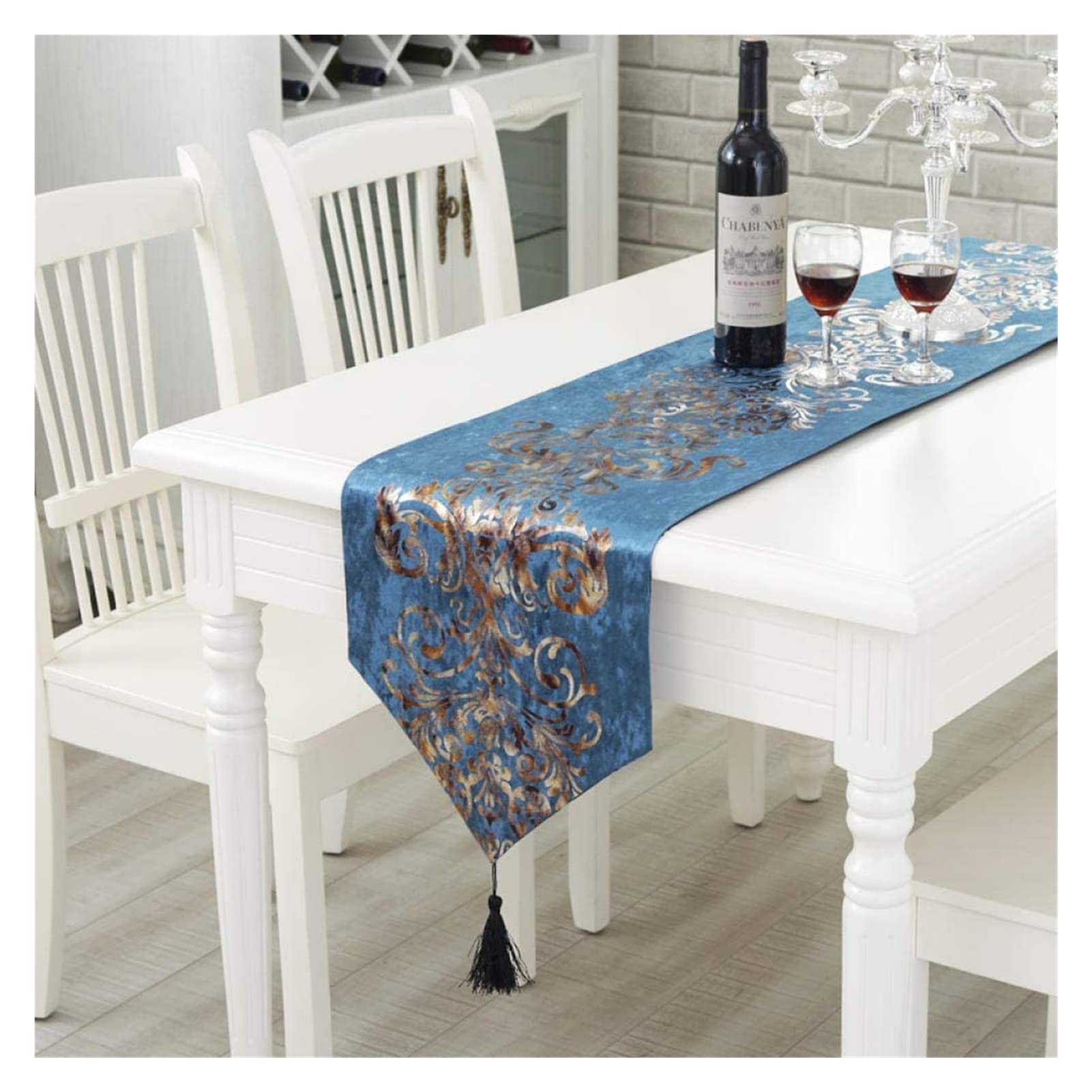 SoGuDio Blue Velvet Table Runner - Modern Minimalist Bronzing Flower Design, Heat Resistant Long Strip Tablecloth for Wedding, Home Decor, Dining Table, Party & Holiday Celebration