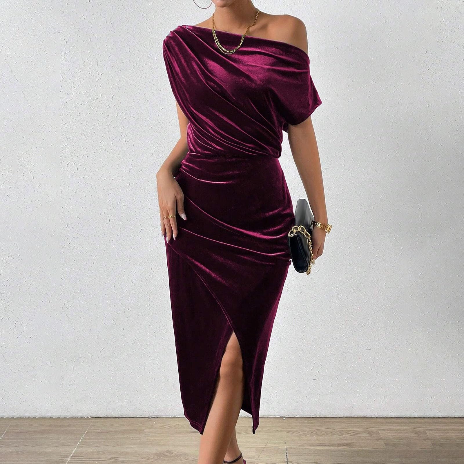 Sexy Off Shoulder Bodycon Cocktail Dress for Women - Ruched Front, High Slit, Wrap Midi Dress - Perfect for Wedding Guest, Party, Date Night & Formal Events