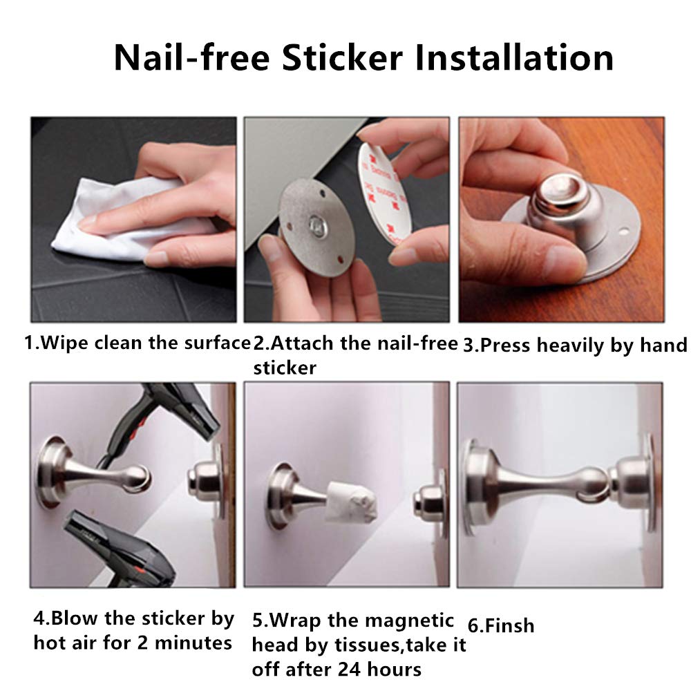 **Yuma Magnetic Door Stop - 2 Pack Stainless Steel Door Stoppers with Double-Sided Adhesive Tape, Wall Protector & Mount Holder for Home, Office & RV Use**