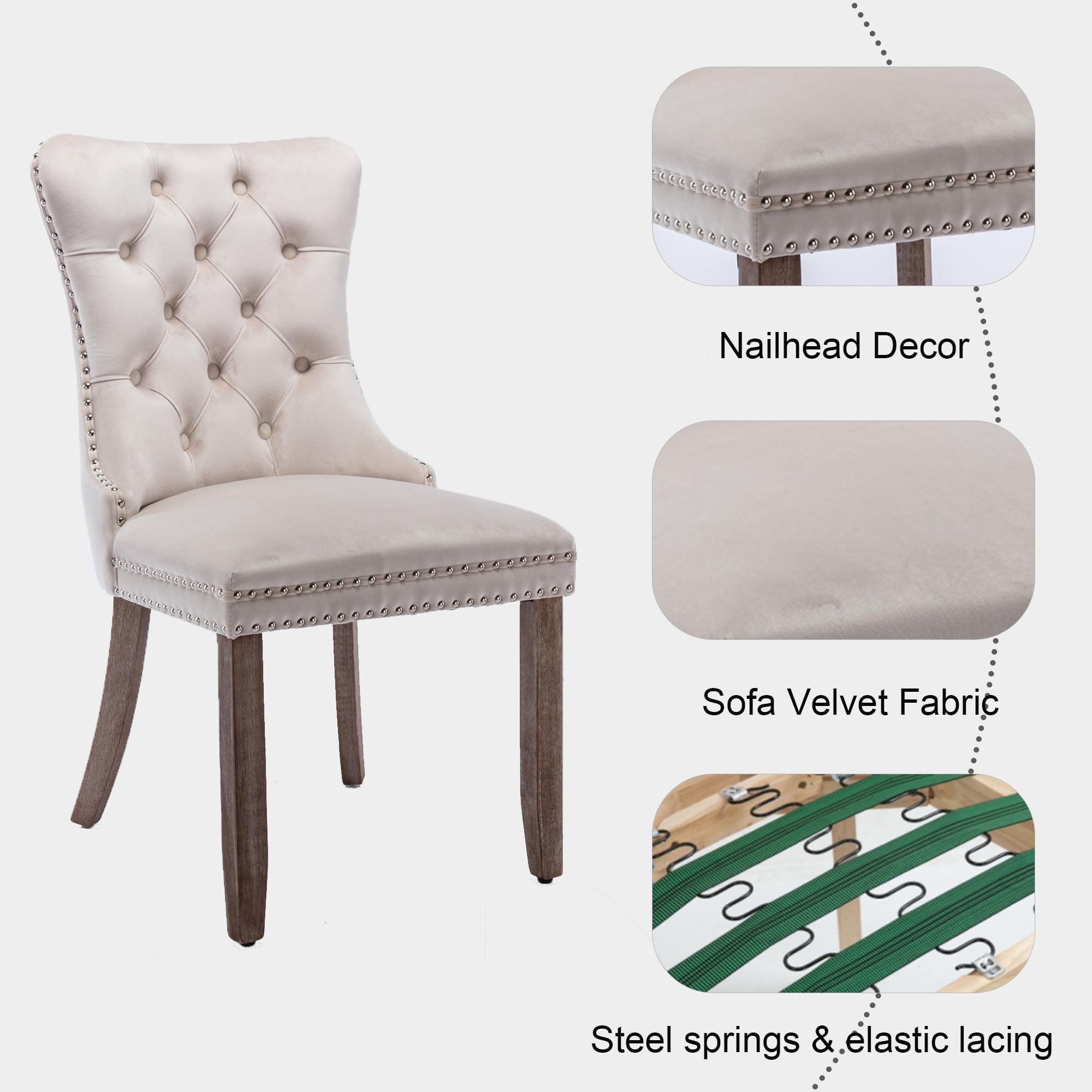 Luxury Velvet Upholstered Dining Chairs - Contemporary Button Tufted Design with Nailhead Trim & Wood Legs - Elegant Kitchen & Dining Room Furniture Set of 2 (Beige) - Perfect for Formal Dining, Entertaining Guests & Modern Home Decor