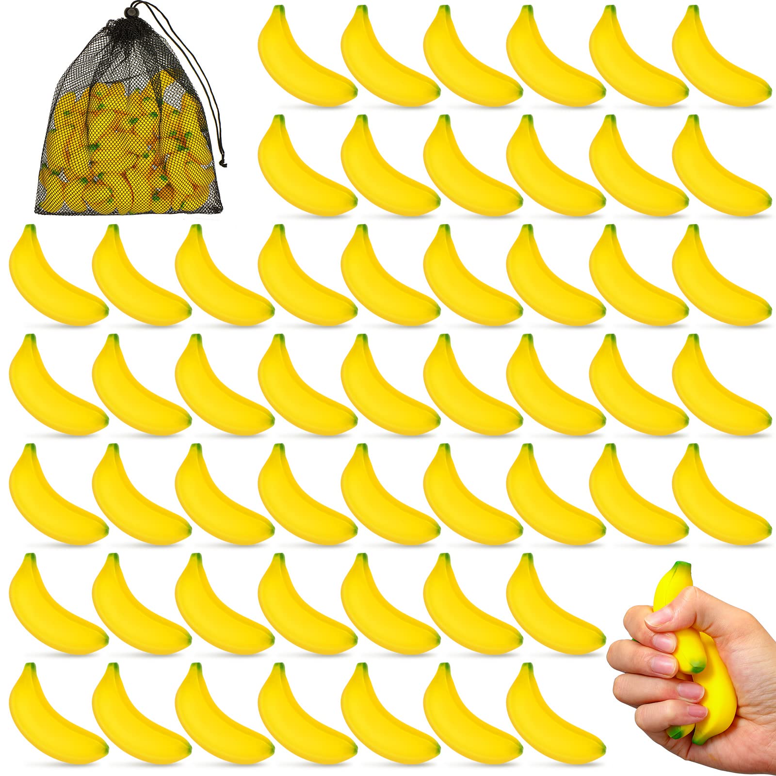 50 Pcs Mini Banana Stress Balls - Stretchy Foam Fidget Toys for Anxiety Relief & Stress Management - Fun Party Favors, School Carnival Rewards & Office Desk Toys - Includes Storage Bag for Easy Organization