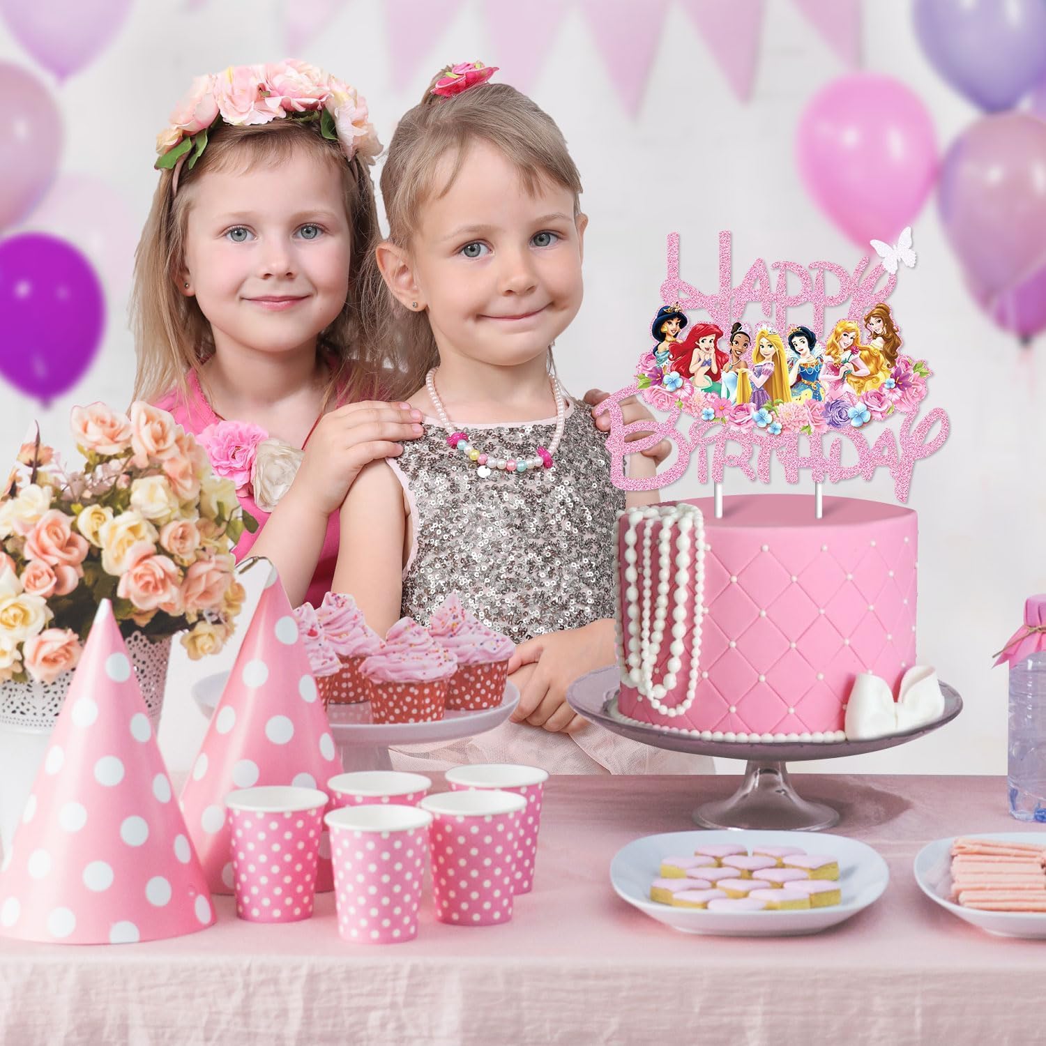 EnlSinr Double-Sided Pink Glitter Princess Cake Toppers for Girls - Elegant Castle-Themed Birthday Party Decorations | Perfect for Princess Birthday Cakes, Baby Showers & Fairy Tale Themed Celebrations