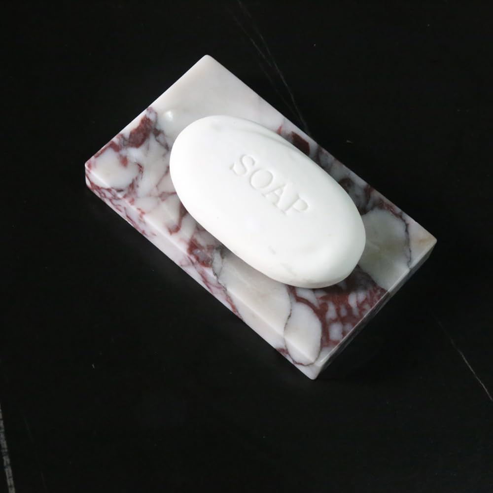Premium Natural Marble Soap Dish Tray - Elegant Soap Holder & Trinket Plate for Bathroom, Kitchen Countertop, Bedroom Vanity | Water-Resistant Marble Bath Accessory for Sink, Shower & Spa Decor (Rectangular)