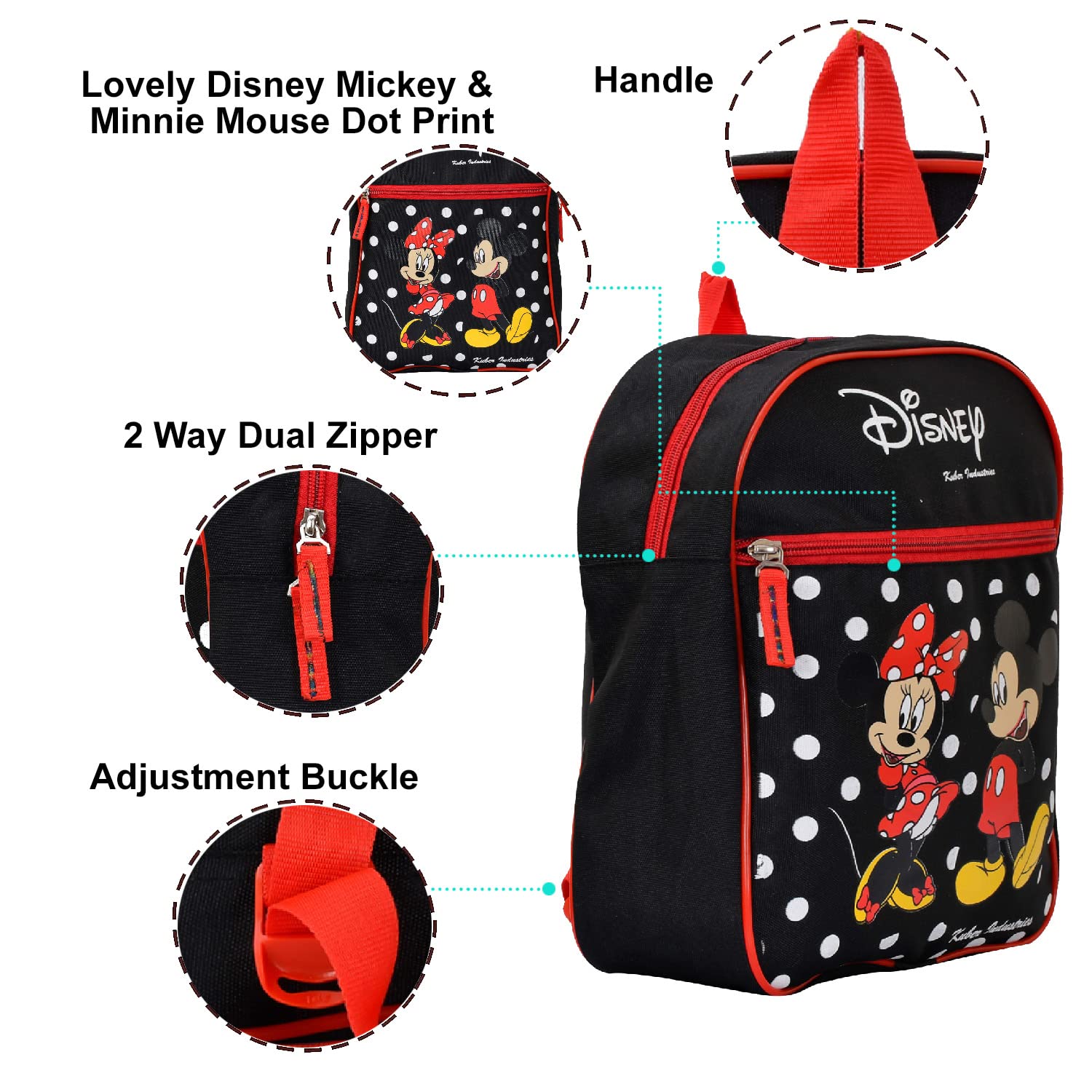 Kuber Industries Waterproof Disney Mickey & Minnie Mouse Dot Print Backpack - 13 Inch Durable School Bag for Kids (Black) | Perfect for School, Travel & Outdoor Adventures