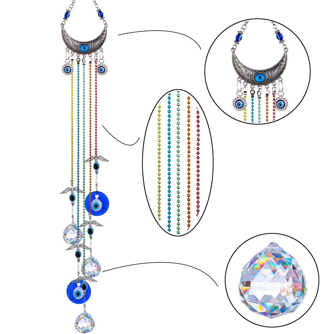 20 Inch Blue Evil Eye Hanging Crystal Suncatcher with Chakra Energy Crystal Ball Prism - Rainbow Maker Window Decor for Home Protection & Positive Energy | Perfect for Living Room, Bedroom, Office & Meditation Spaces