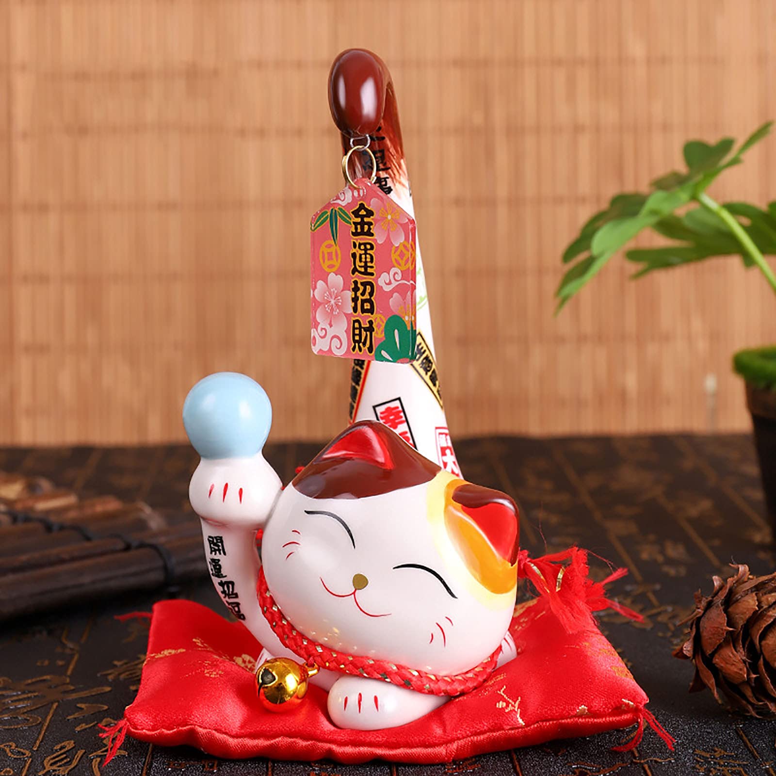 FAYANG Maneki Neko - Japanese Lucky Fortune Cat Statue, Ceramic Long-Tailed Beckoning Cat for Home & Office Decor, Business Gift, Feng Shui Good Luck Charm (Large Size) - Perfect for Desk Decor, Retail Stores & Gift Giving