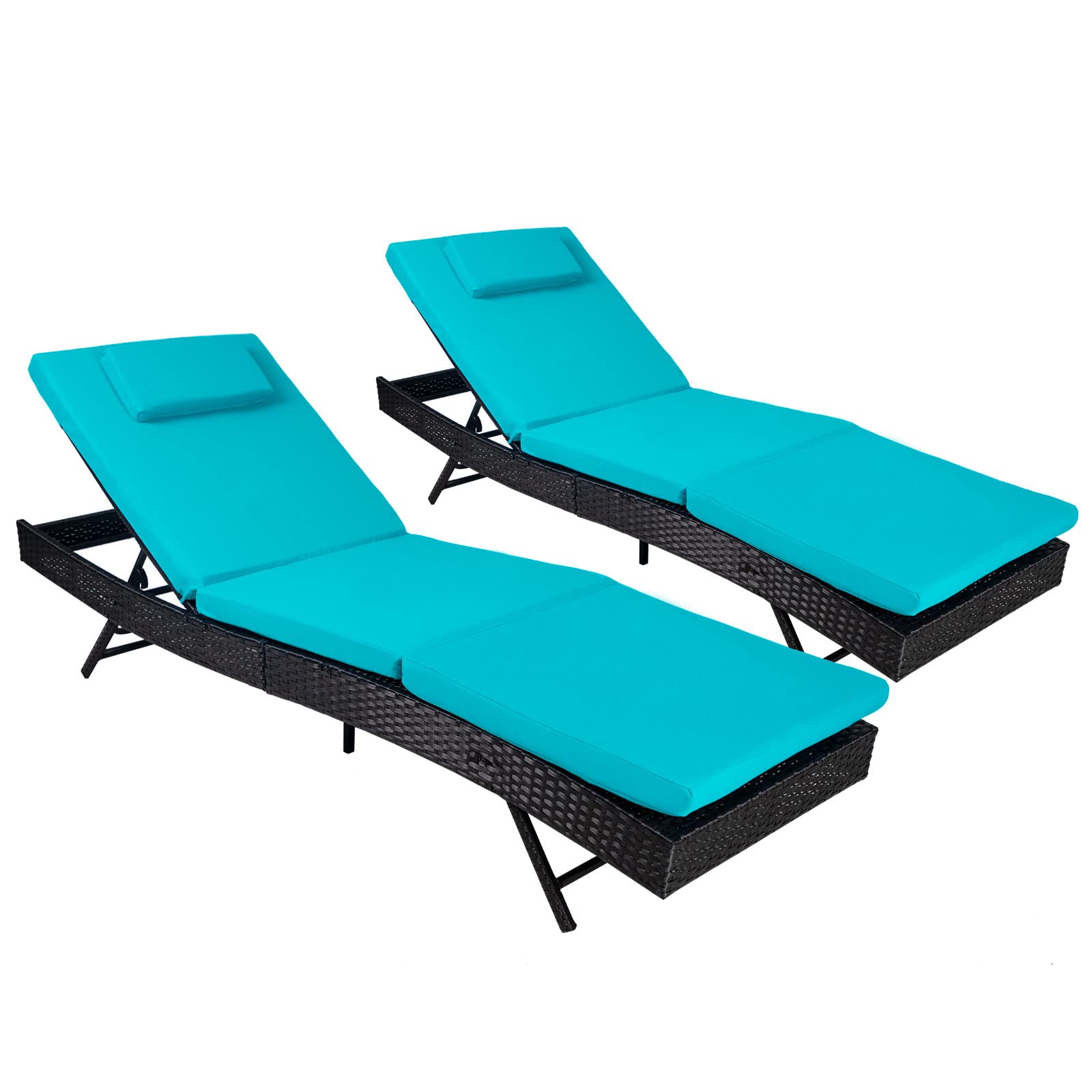2-Piece Outdoor Patio Chaise Lounge Chairs Set - Adjustable Wicker Furniture with Thick Blue Cushions - Perfect for Poolside, Backyard, Garden Relaxation and Sunbathing