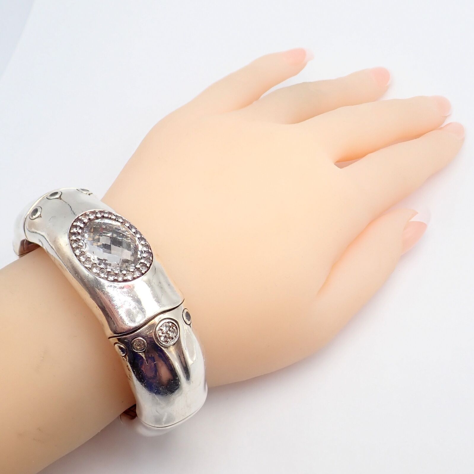 Authentic John Hardy Sterling Silver White Topaz 30 Bamboo Large Cuff Bracelet for Women - Elegant Statement Jewelry for Parties, Weddings & Special Occasions