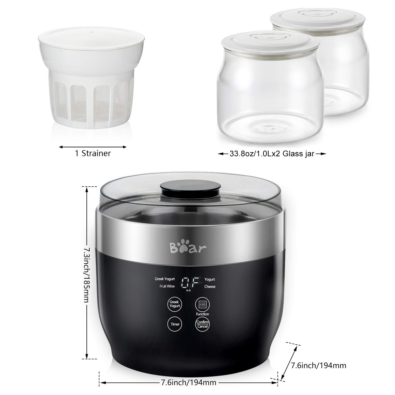 Premium Greek Yogurt Maker Machine with Strainer & Timer - Stainless Steel Inner Pot, 2 Glass Jars (1 Quart) - Automatic Digital Yogurt Maker for Homemade Organic Yogurt - Perfect for Healthy Breakfast, Snacks & Keto/Low-Carb Diets