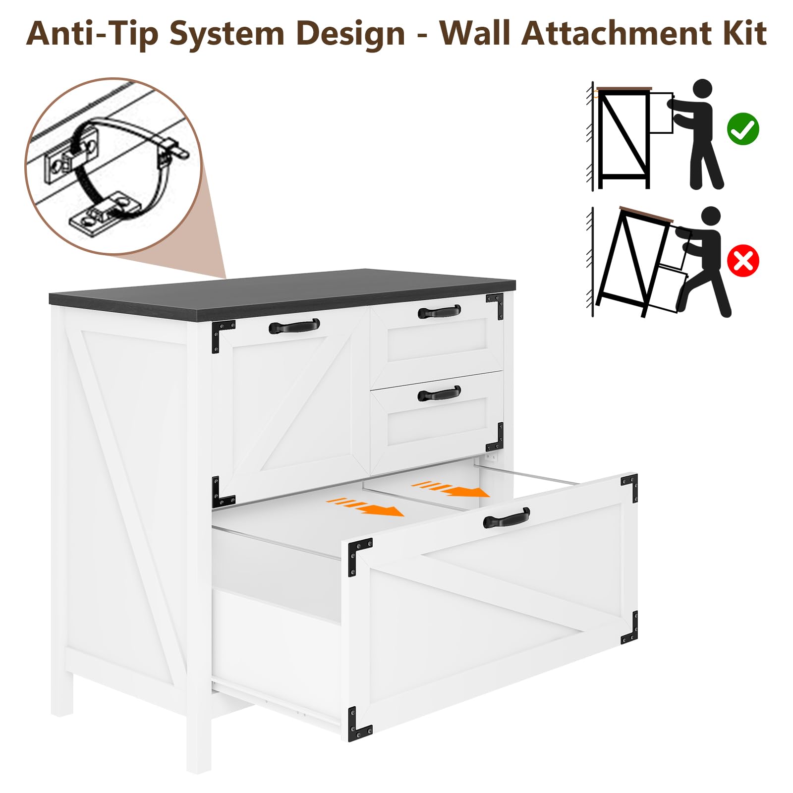 4-Drawer Farmhouse Lateral File Cabinet for Letter/Legal/A4 Files - Wooden Office Storage Cabinet with Hanging File System, Printer Stand for Home & Office (White/Black) - Perfect for Document Organization & Workspace Storage