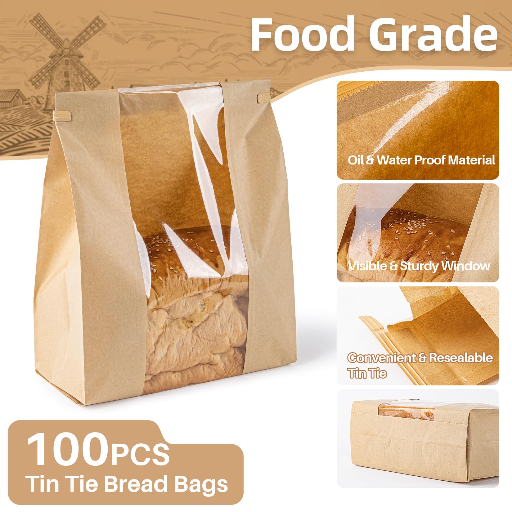 24 Pack Reusable Bread Bags with Resealable Ties - Eco-Friendly Brown Paper Bakery Bags with Window for Homemade Sourdough, Bagels, Toast & Baked Goods | Perfect for Bread Storage, Gift Packaging & Farmers Market Sales