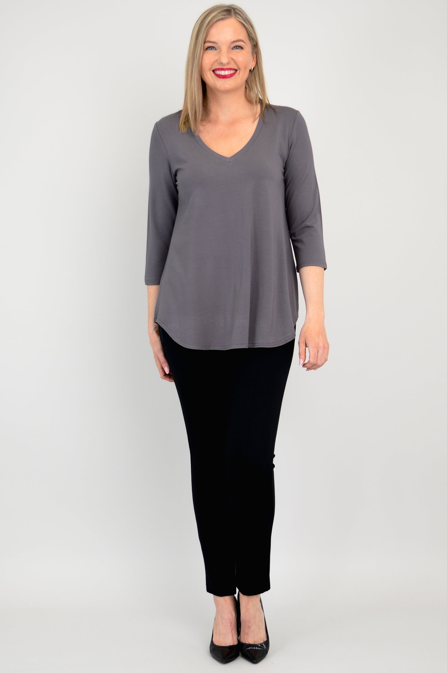 Jackie 3/4 Sleeve Bamboo Top for Women - Soft & Breathable Charcoal Grey Shirt - Perfect for Yoga, Workout & Casual Wear